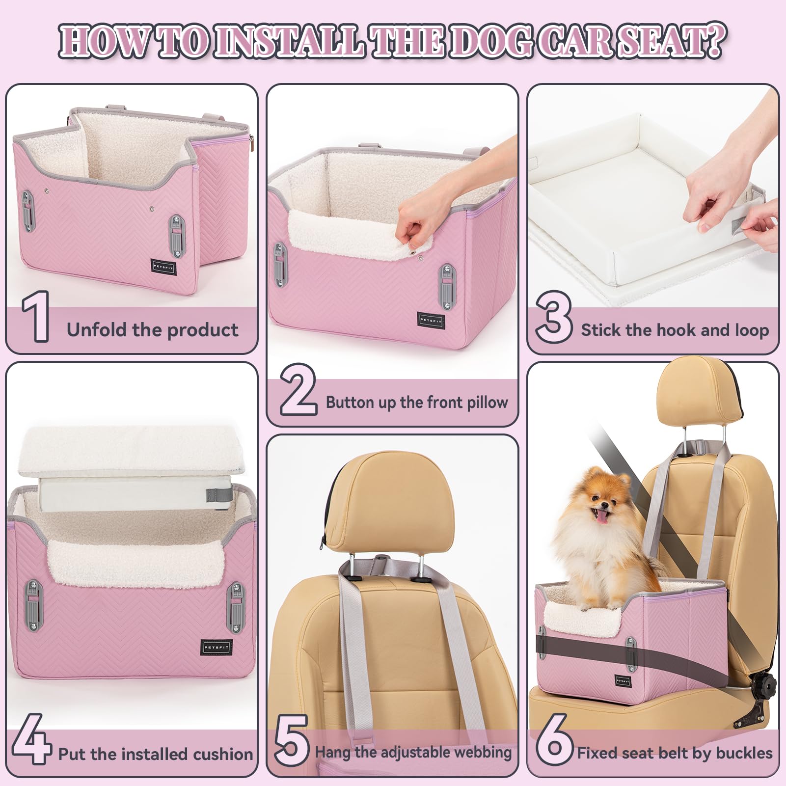 Petsfit Dog Car Seats For Small Dogs, Portable Puppy Car Saet For Car With Clip-On Leash, Adjustable Straps Suitable For Small Pets Up To 25Lbs (Light Pink)