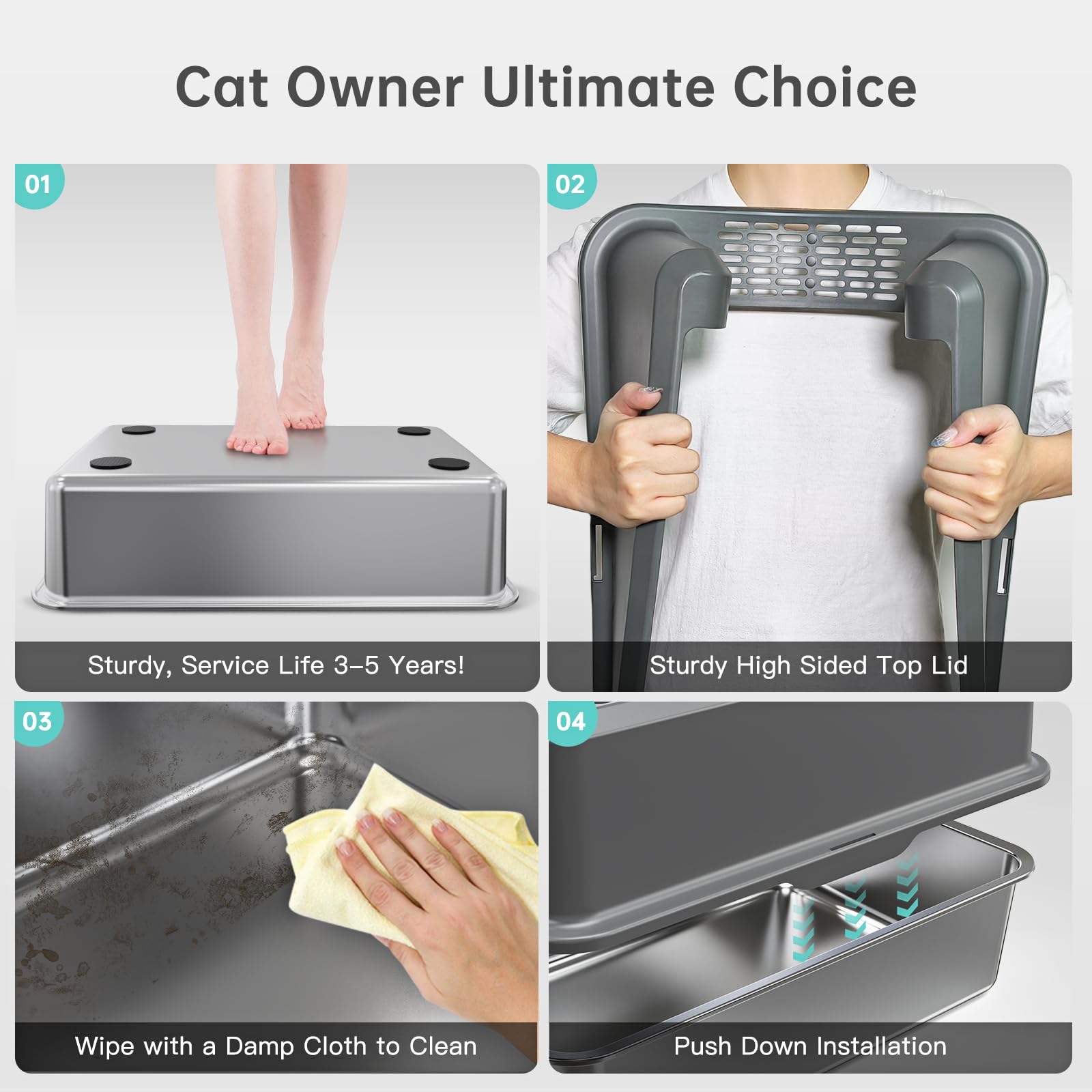 Woofigo Enclosed Stainless Steel Cat Litter Box With Lid, Xl Extra Large Litter Box For Big Cats, Metal Litter Box High Sided, Never Absorbs Odors, Anti-Urine Leakage, Easy Cleaning, Include Scoop