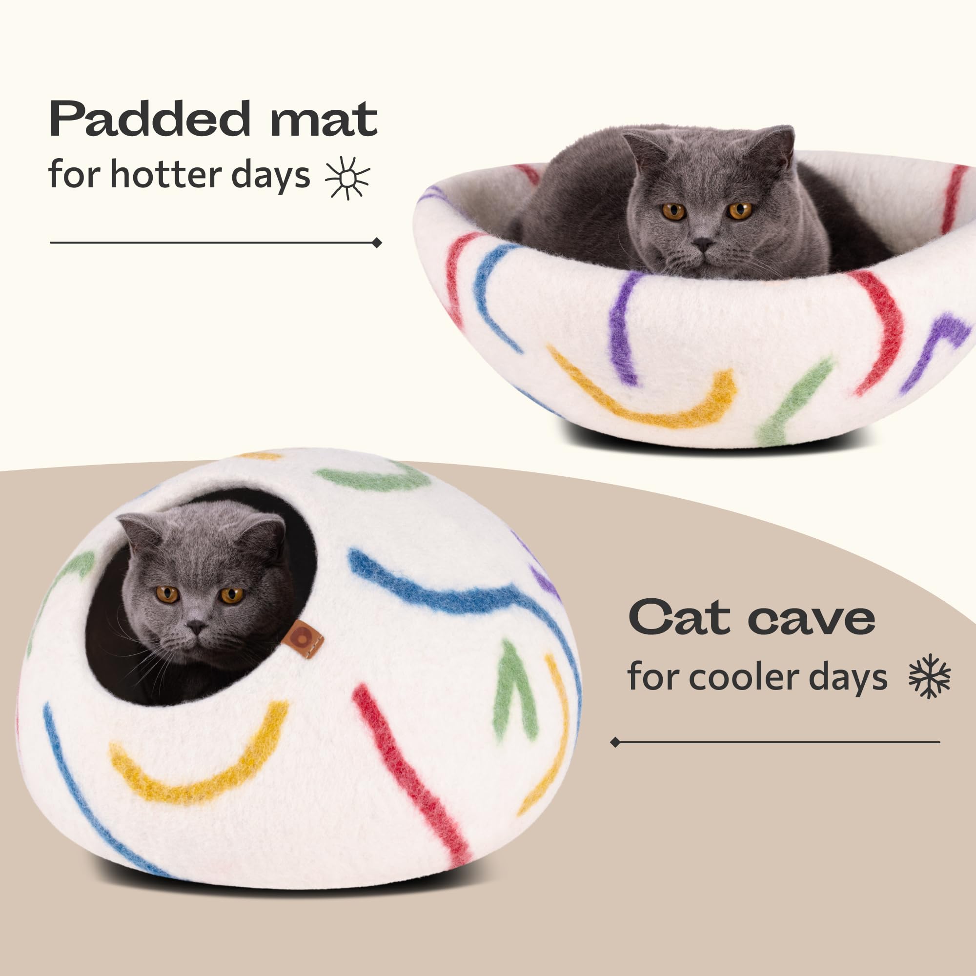 Meowfia Cat Cave - Premium Felt Cat Bed For Indoor Cats, Handmade 100% Merino Wool (Vivid Shades) (Large, Ivory Rainbow)