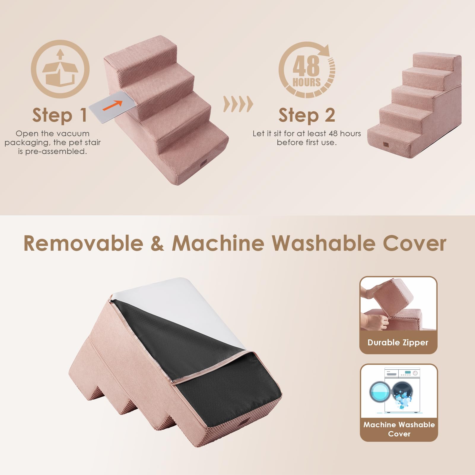 Eheyciga Dog Stairs For High Bed 22.5”H, 5-Step Dog Steps For Bed, Pet Steps For Small Dogs And Cats, Non-Slip Balanced Dog Indoor Ramp, Pink