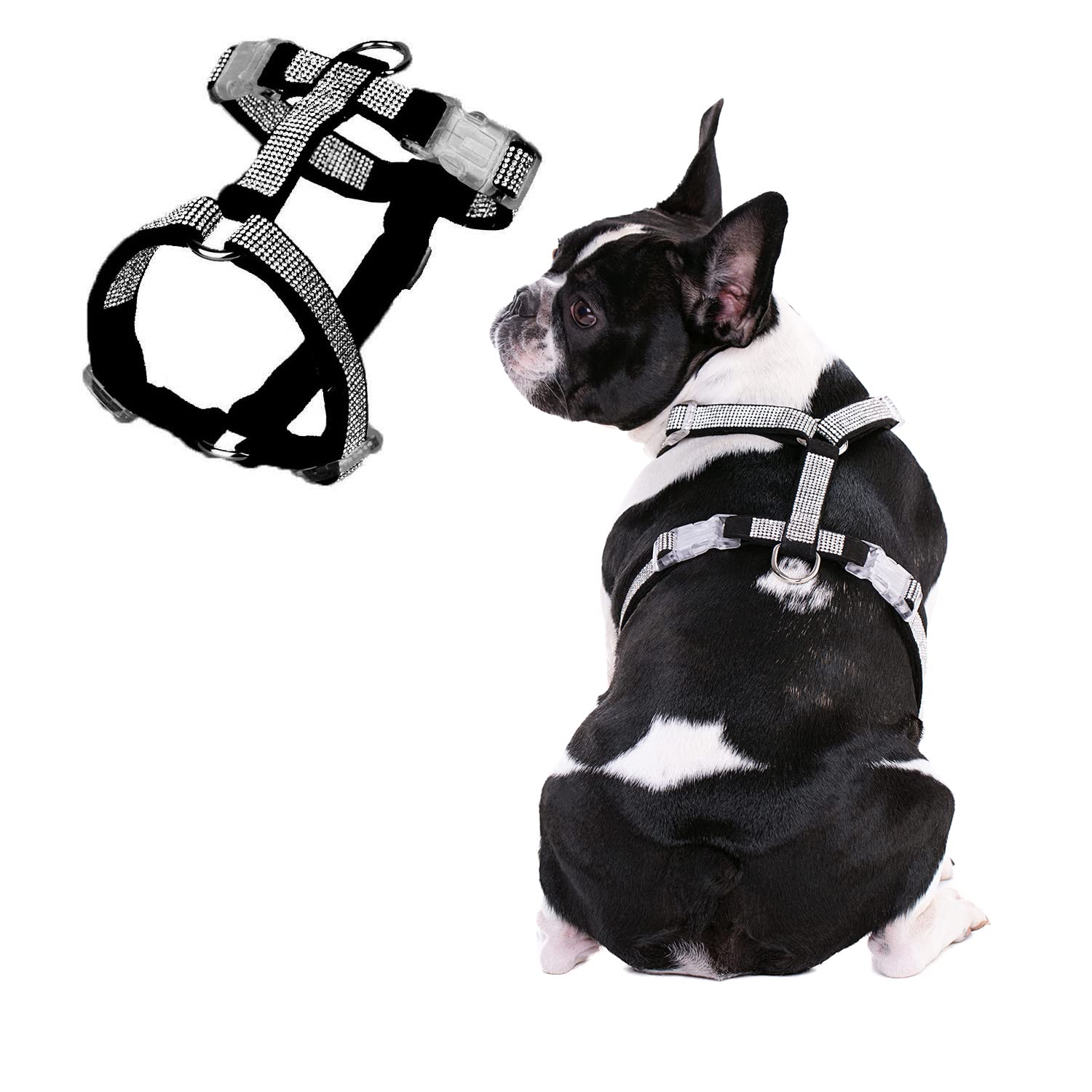 Harikaji Dog Reflective Rhinestone Harness, No Pull Adjustable D-Ring Harness Walking Harness For Small Meduim Large Dog(Black,M