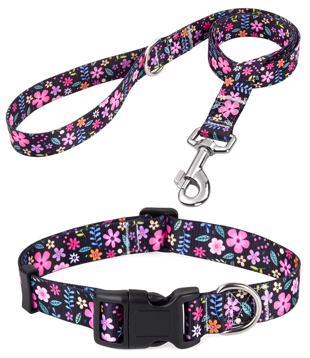 Mihqy Dog Collar And Leash Set With Bohemia Floral Tribal Geometric Patterns - Soft Ethnic Style Collar Adjustable For Small Medium Large Dogs(Floral Set,S)