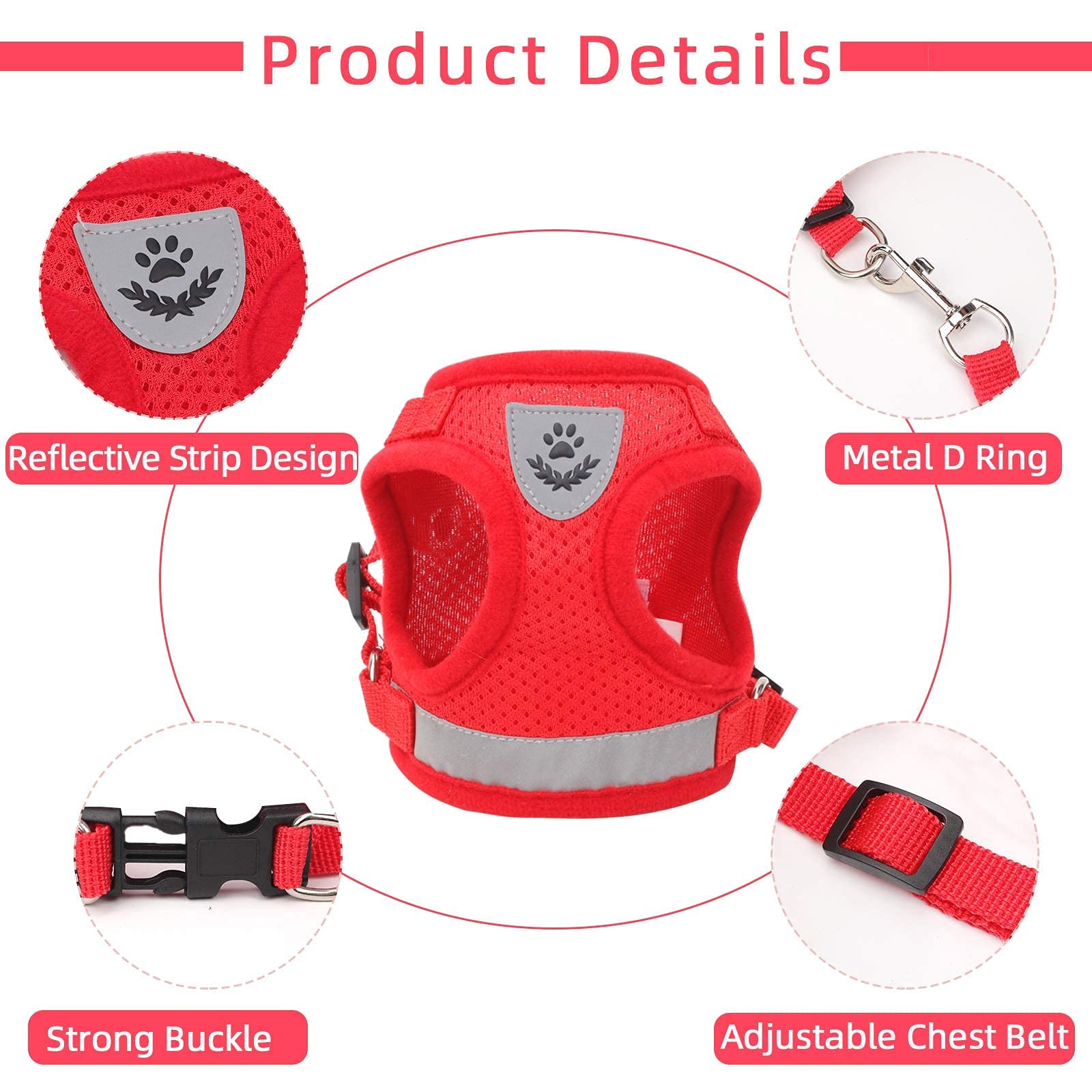 Red Cat & Dog Vest Harness - All Weather Mesh, Reflective Strap, Adjustable Step-In Harness For Small Pets (Red, S)