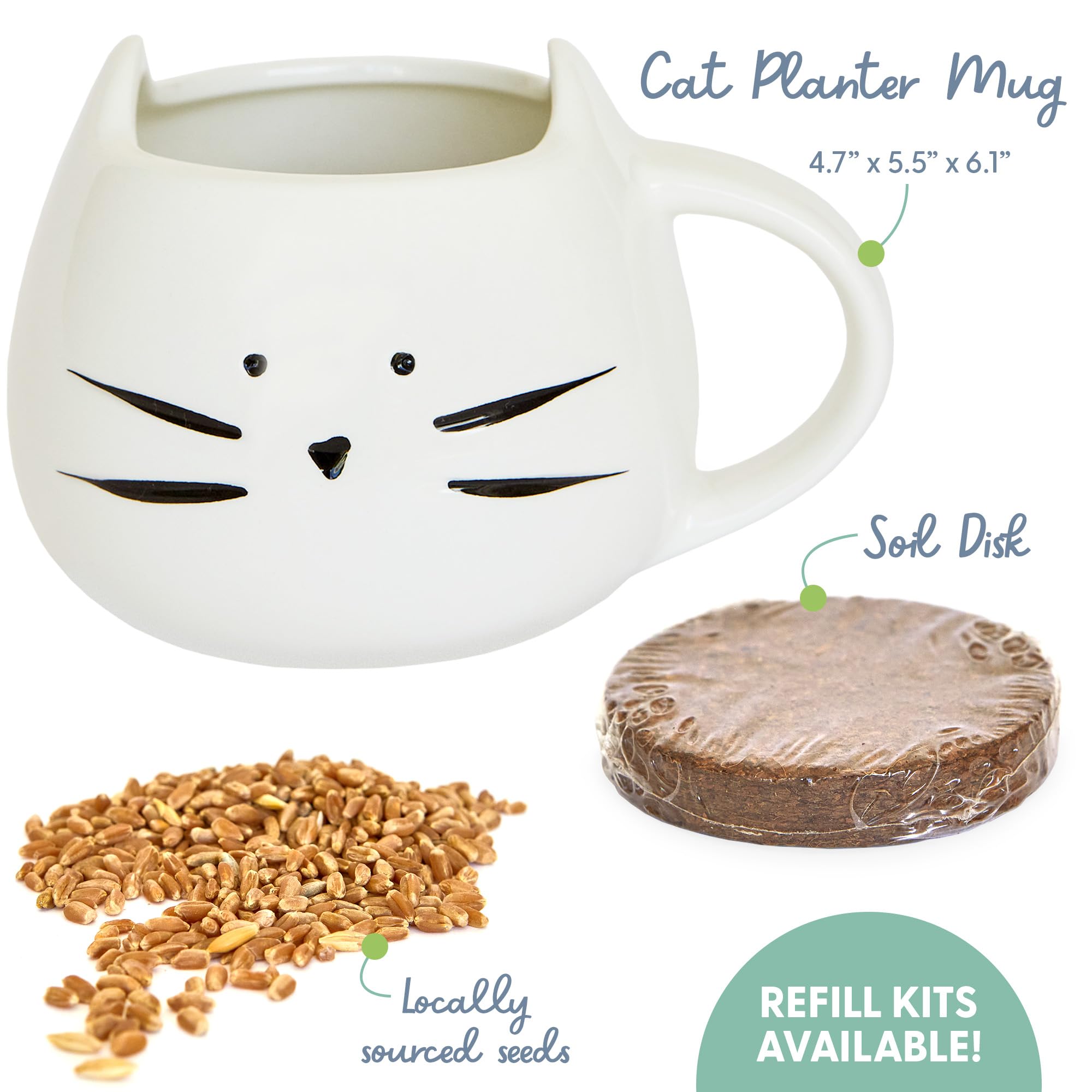 The Cat Ladies Organic Cat Grass for Indoor Cats - Growing Kit with Organic Seed Mix, Soil and White Cat Planter. Natural Hairba