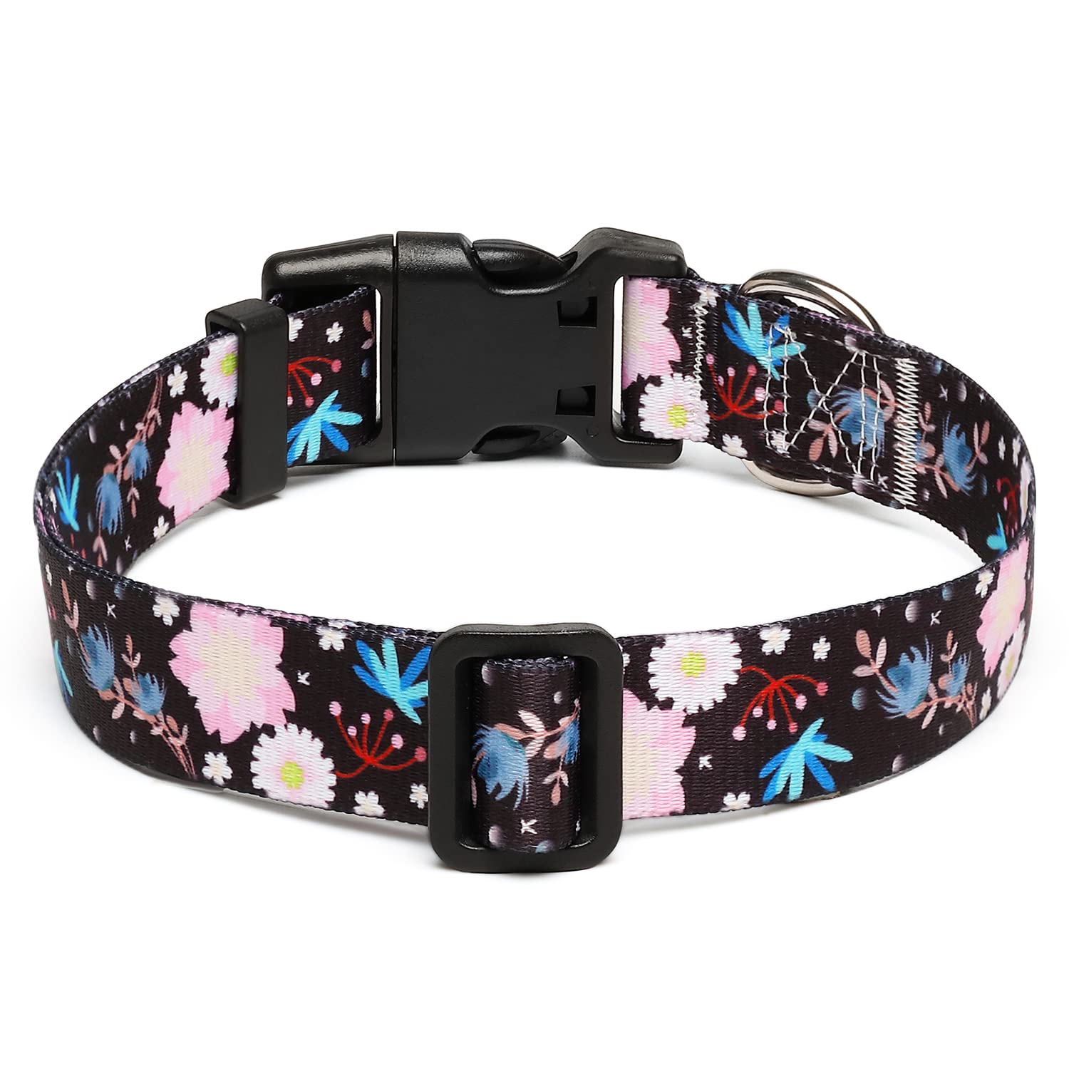 Suredoo Adjustable Dog Collar With Patterns, Ultra Comfy Soft Nylon Breathable Pet Collar For Small Medium Large Dogs (L, Light Pink Flower)