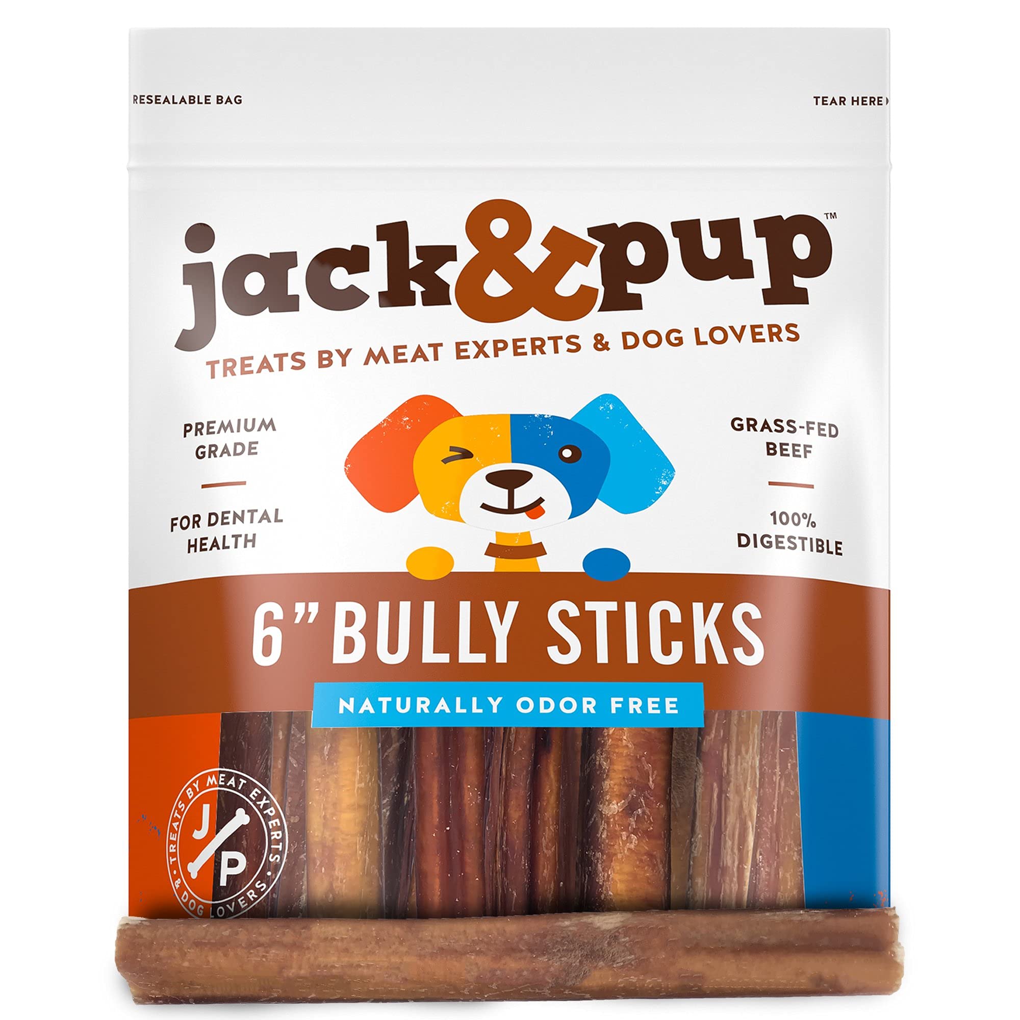 Jack&Pup 6 Inch Bully Sticks for Medium Dogs (25 Pack) Dog Chews Long Lasting, Single Ingredient 100% Beef Bully Sticks for Dogs