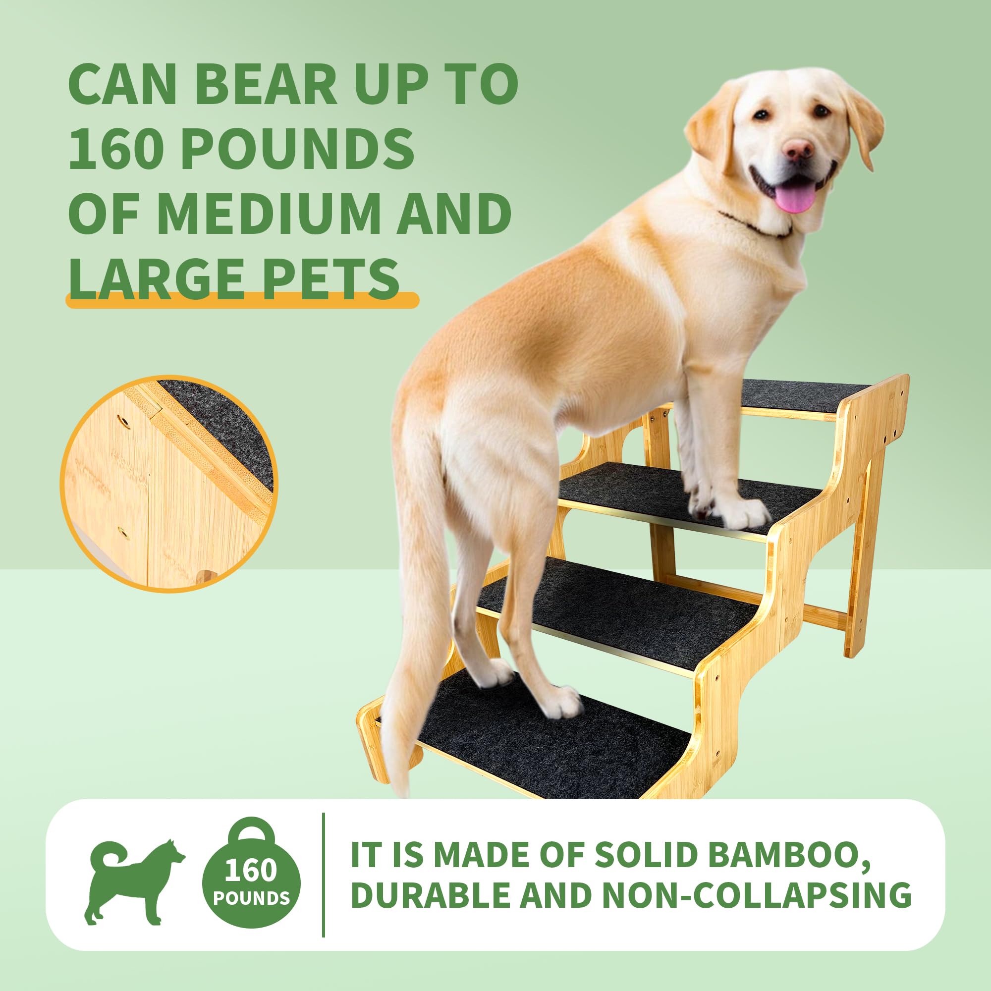 Dog Stairs For Large/Oldder Dogs,4 Steps Bamboo Wooden Pet Ramp For High Beds, Cars & Couch Sofa - Supports Dog Up To 160 Lb,20-