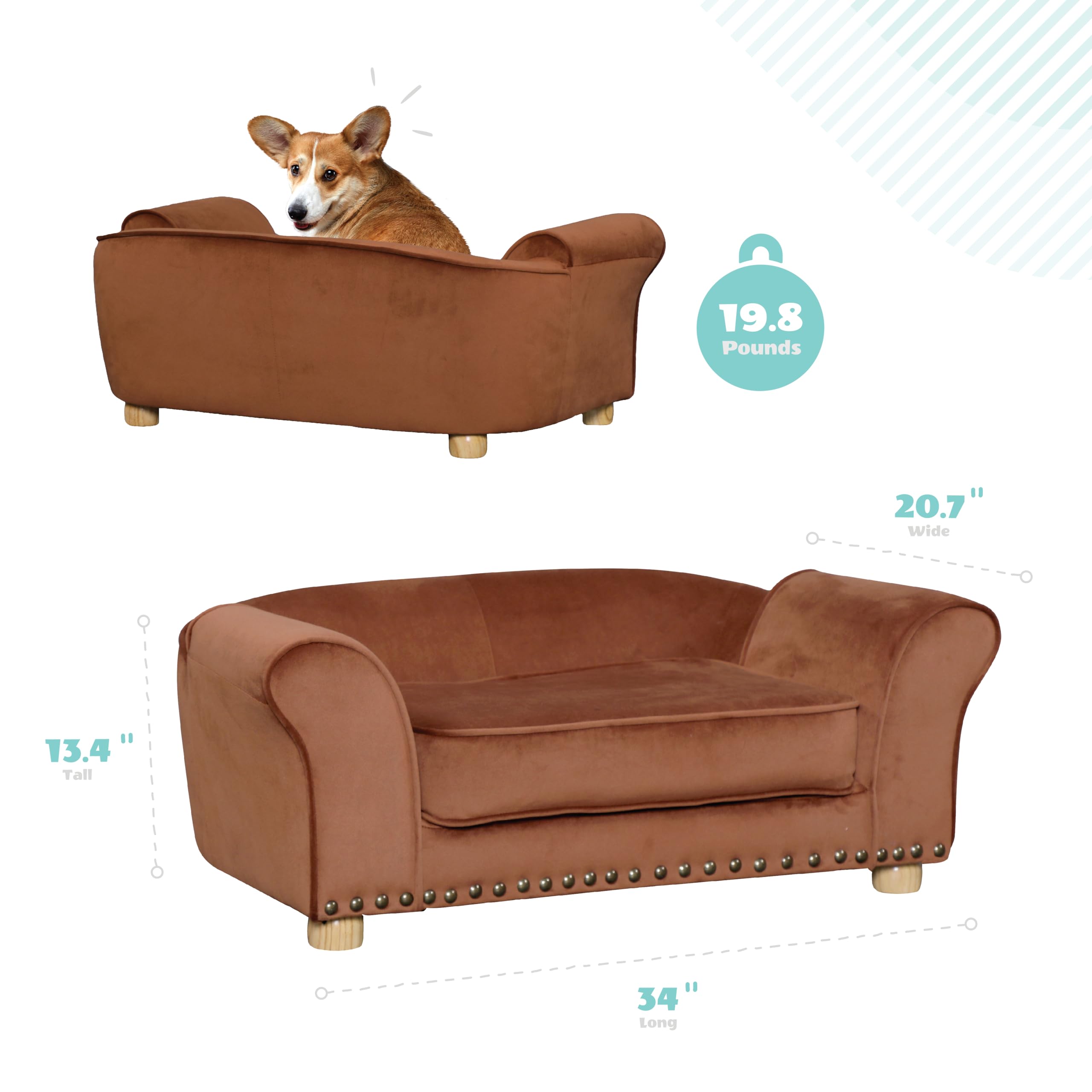 Critter Sitters 34-in. Faux Velvet Sofa in Brown for Medium-Sized Dogs and Cats, Durable and Stylish Dog Bed for Bedroom and Liv