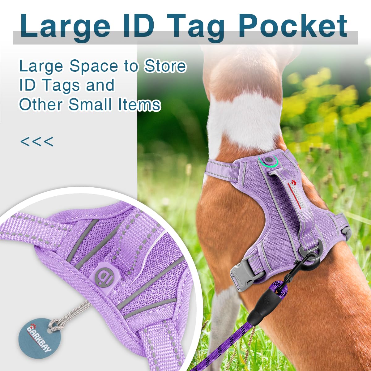 Barkbay Dog Harness No Pull With Id Tag Pocket - Heavy Duty, Reflective, Easy Control For Large Dogs (Violet Purple,M)