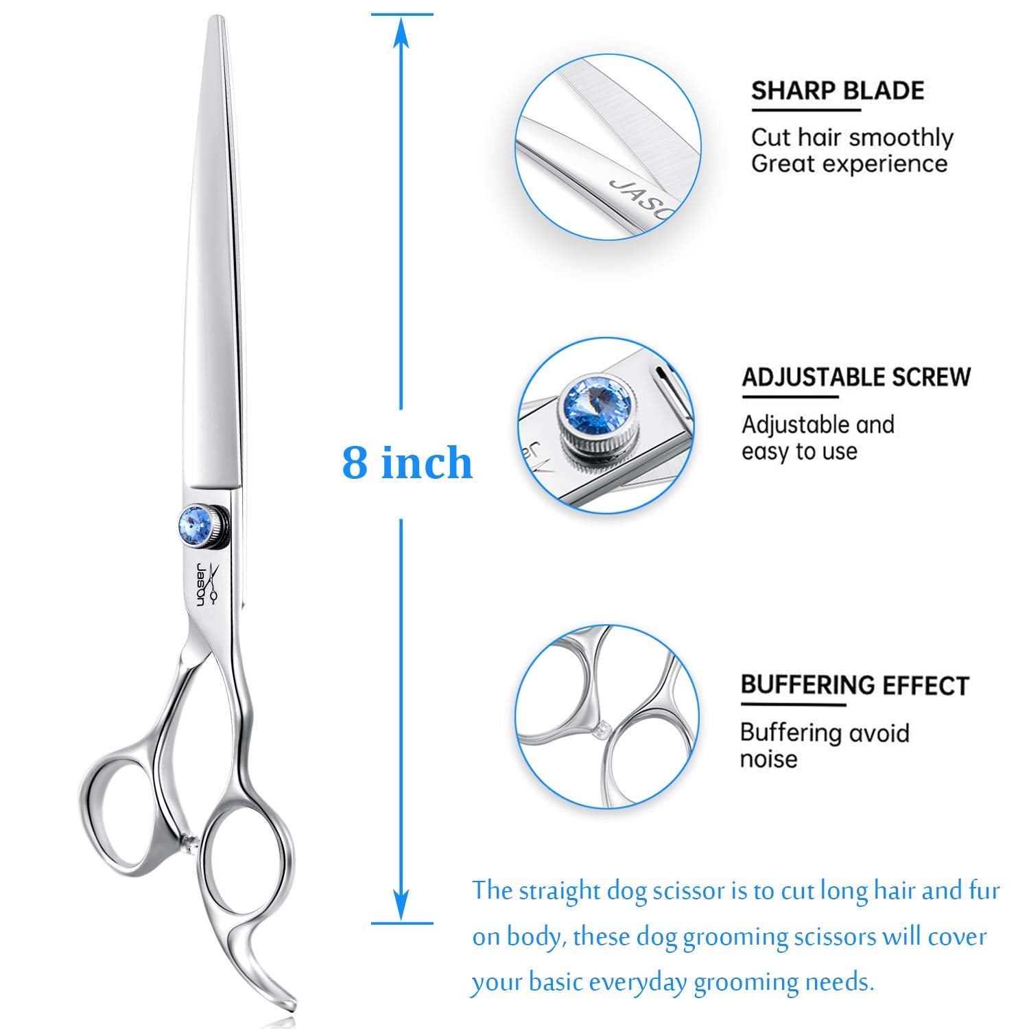 8' Straight Dog Grooming Scissors Long Pets Grooming Shears Premium Cats Trimming Kit With Offset Handle And A Jewelled Screw Sharp Comfortable Durable Light-Weight