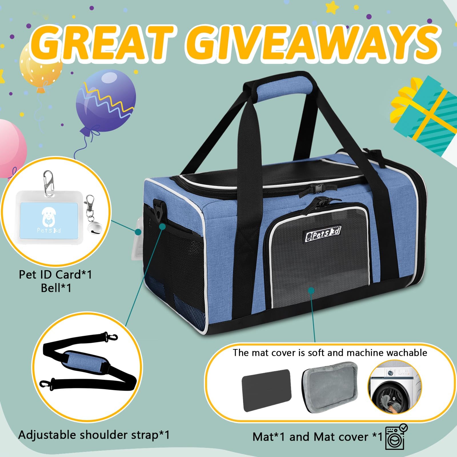 Petskd Pet Carrier 17X13X9.5 Southwest Airline Approved, Pet Travel Carrier Bag For Small Cats And Dogs, Soft Dog Carrier For 1-15 Lbs Pets,Dog Cat Carrier With Safety Lock Zipper (Blue)