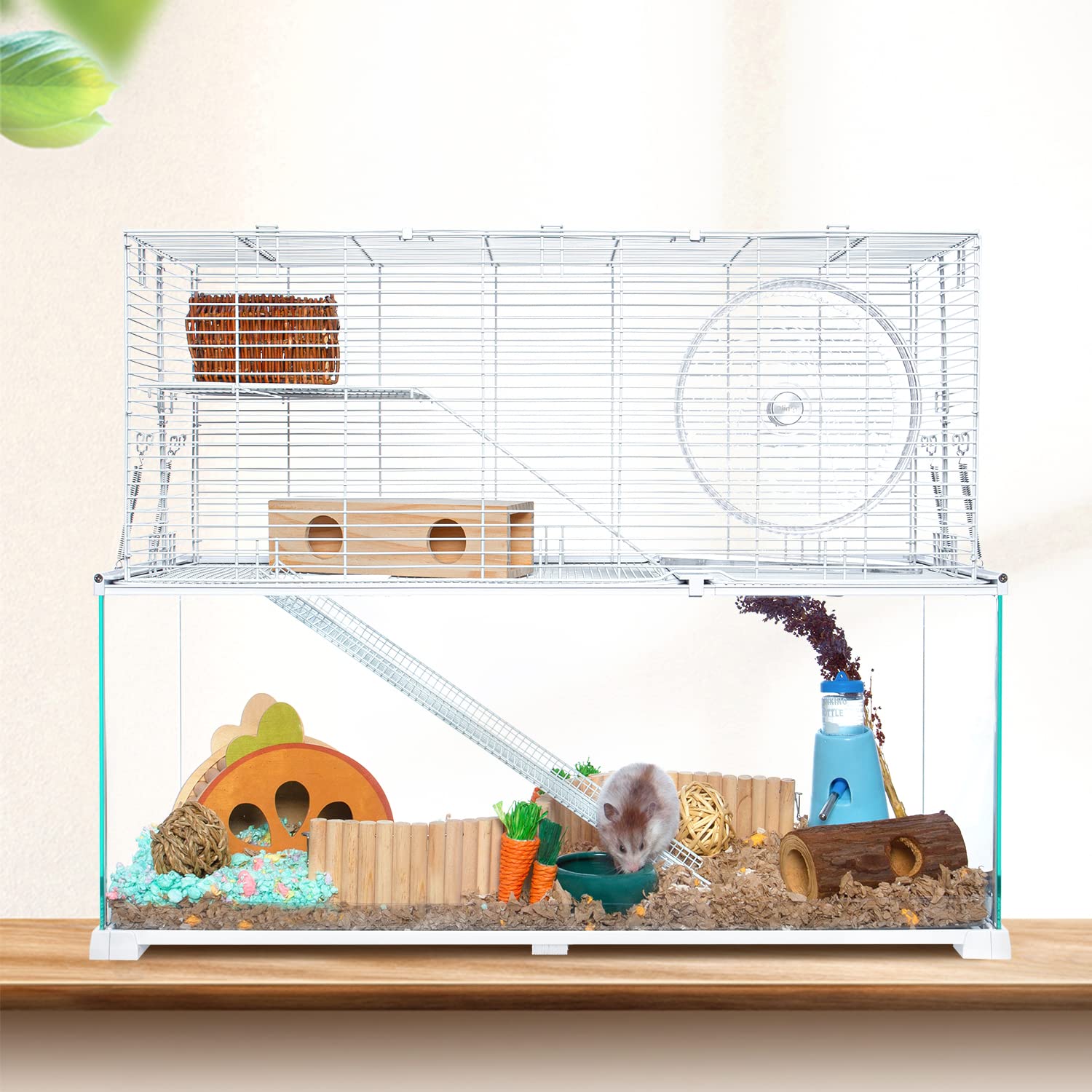 Oiibo 3 Tiers Large Hamster Cages, Glass Hamster Cage Habitat With Openable Wire Topper, Gerbil Cage With Two Ladders Ramps And
