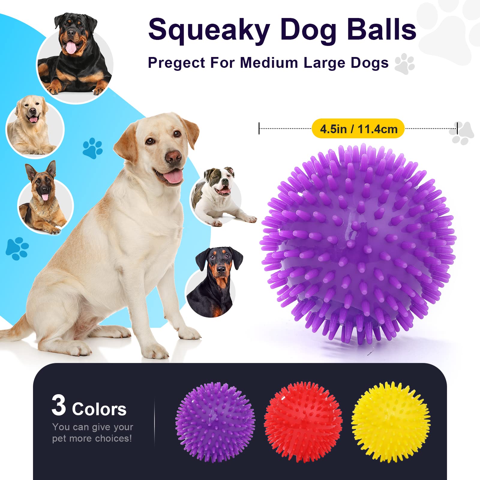 VITEVER 3 Colors 4.5? Heavy Duty Squeaky Dog Toy Balls for Medium Large Dogs, Dog Chew Toys for Teething, Spiky Dog Balls for Ag
