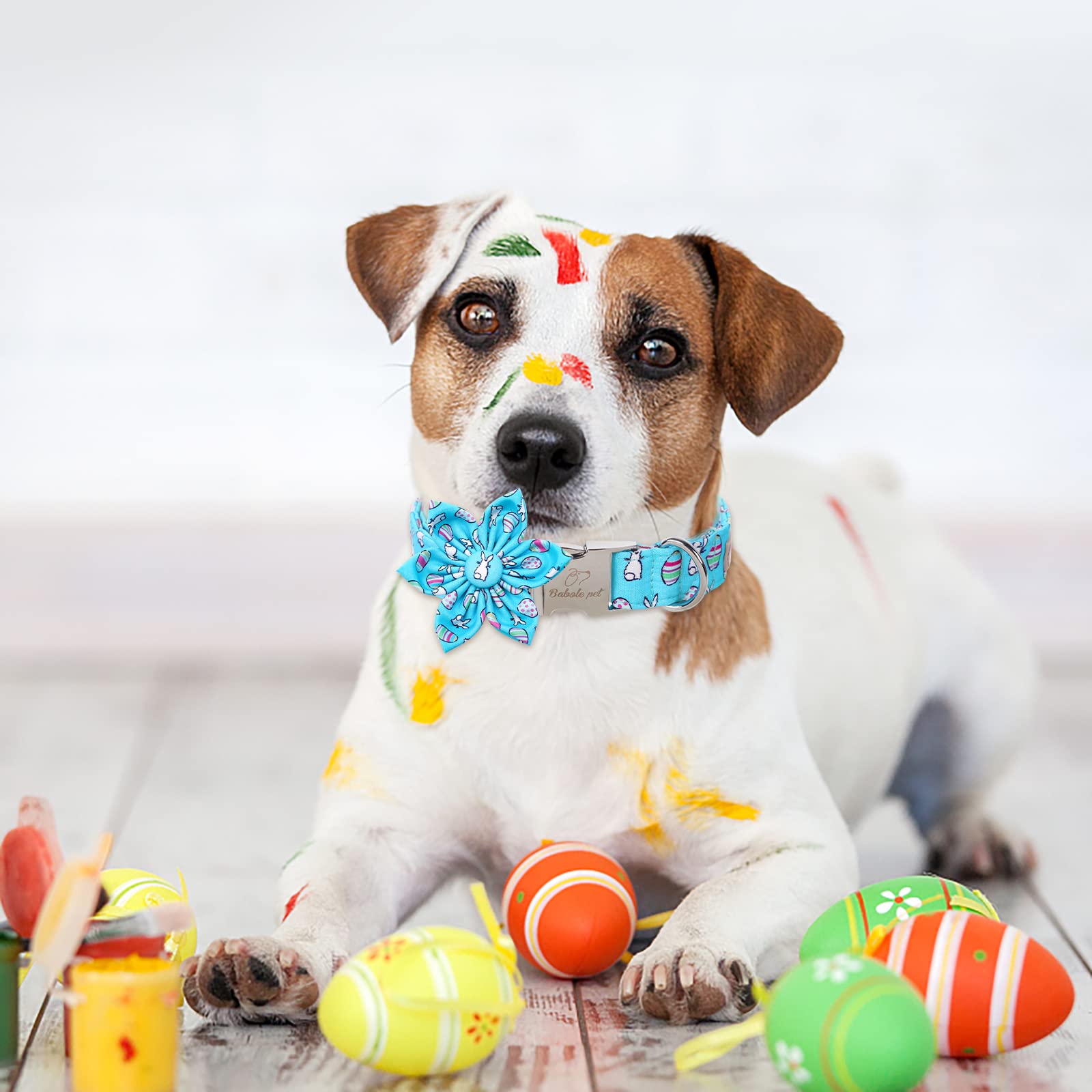 Babole Pet Dog Collar Easter Gift With Flower Tie, Rabbit Egg Male Dog Collar With Safety Metal Buckle Adjustable Puppy Collars For Small Medium Large Boy & Girl Dog,Xs-Neck 8'-12'