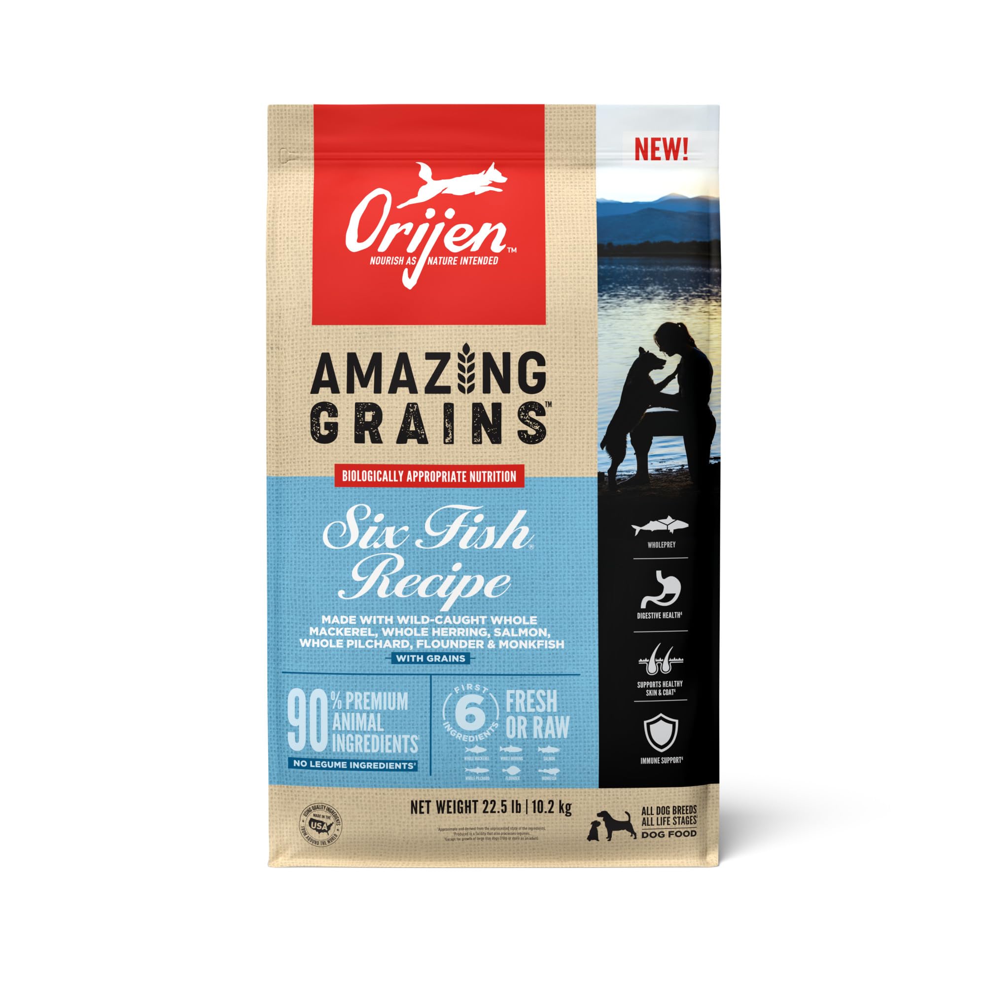 ORIJEN Amazing Grains Six Fish Recipe Dry Dog Food, High Protein Dog Food, Fresh or Raw Ingredients, 22.5lb