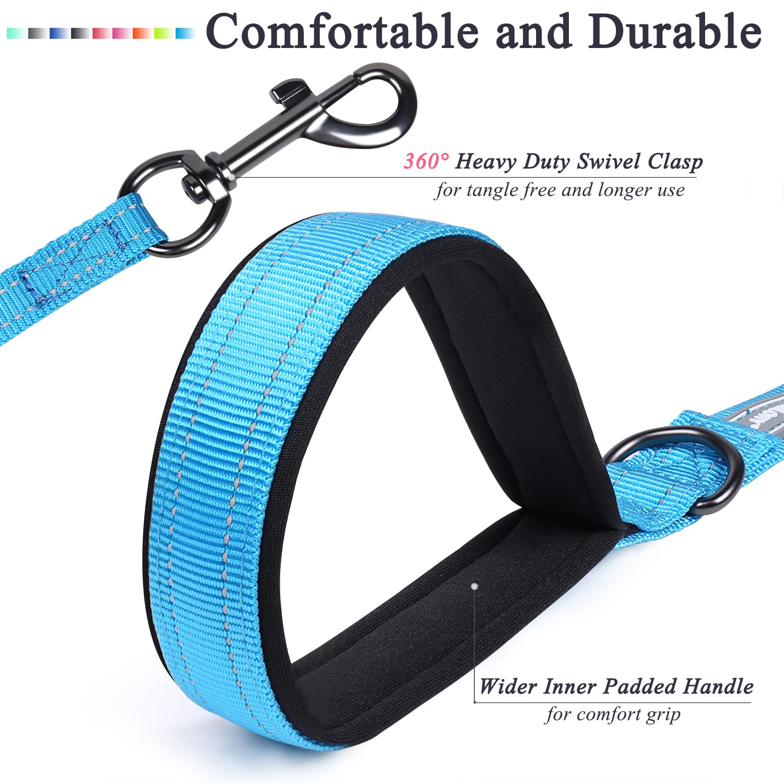 Vivaglory Traffic Handle Dog Leashes, Two Padded Soft Handles Strong Dog Leash, Reflective & Metal Hook Training Dog Lead, Lake