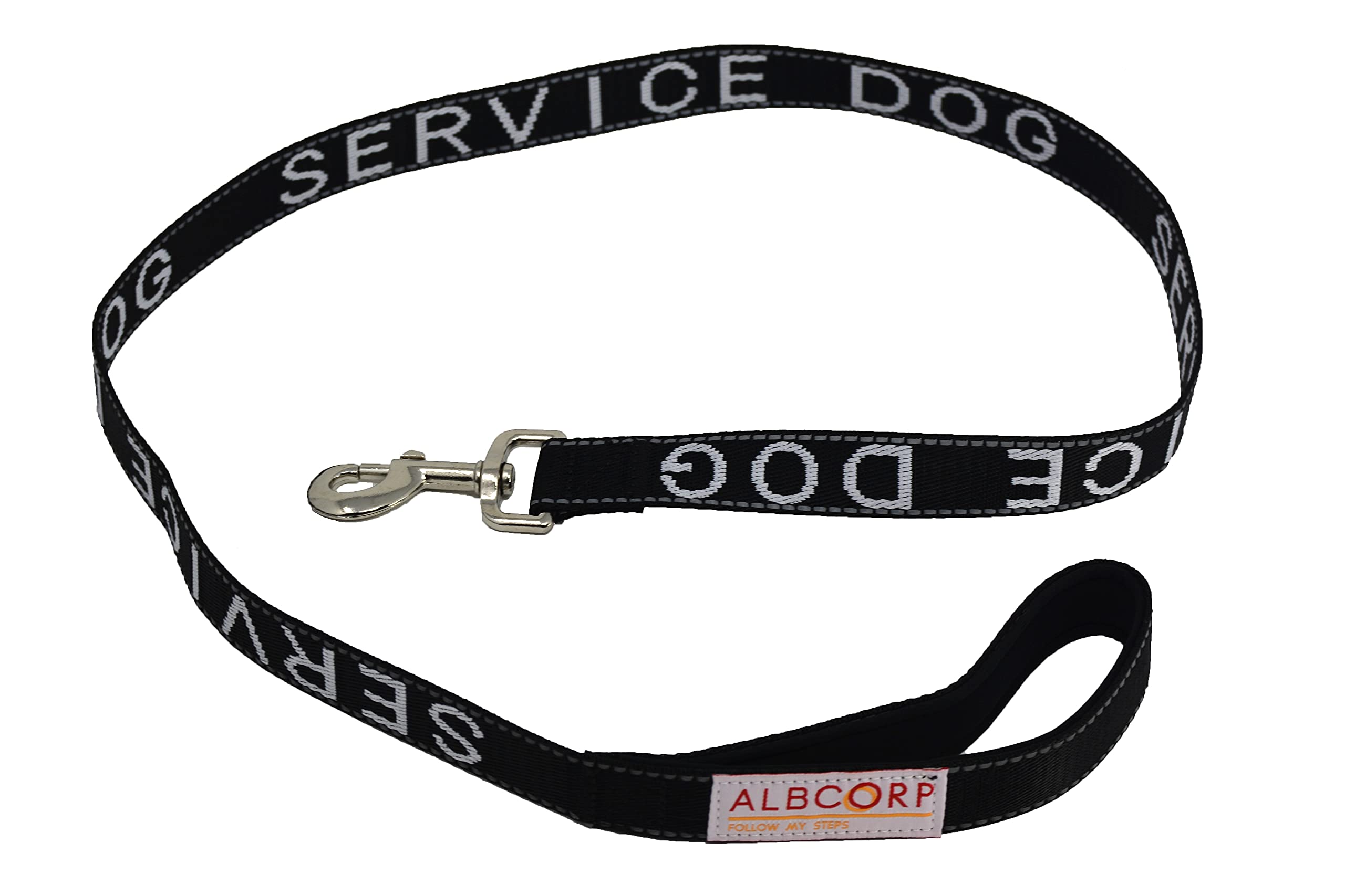 Albcorp Service Dog Leash - Embroidered- With Padded Neoprene Handle And Reflective Threads, 4 Feet, For Harnesses, Vests Or Col