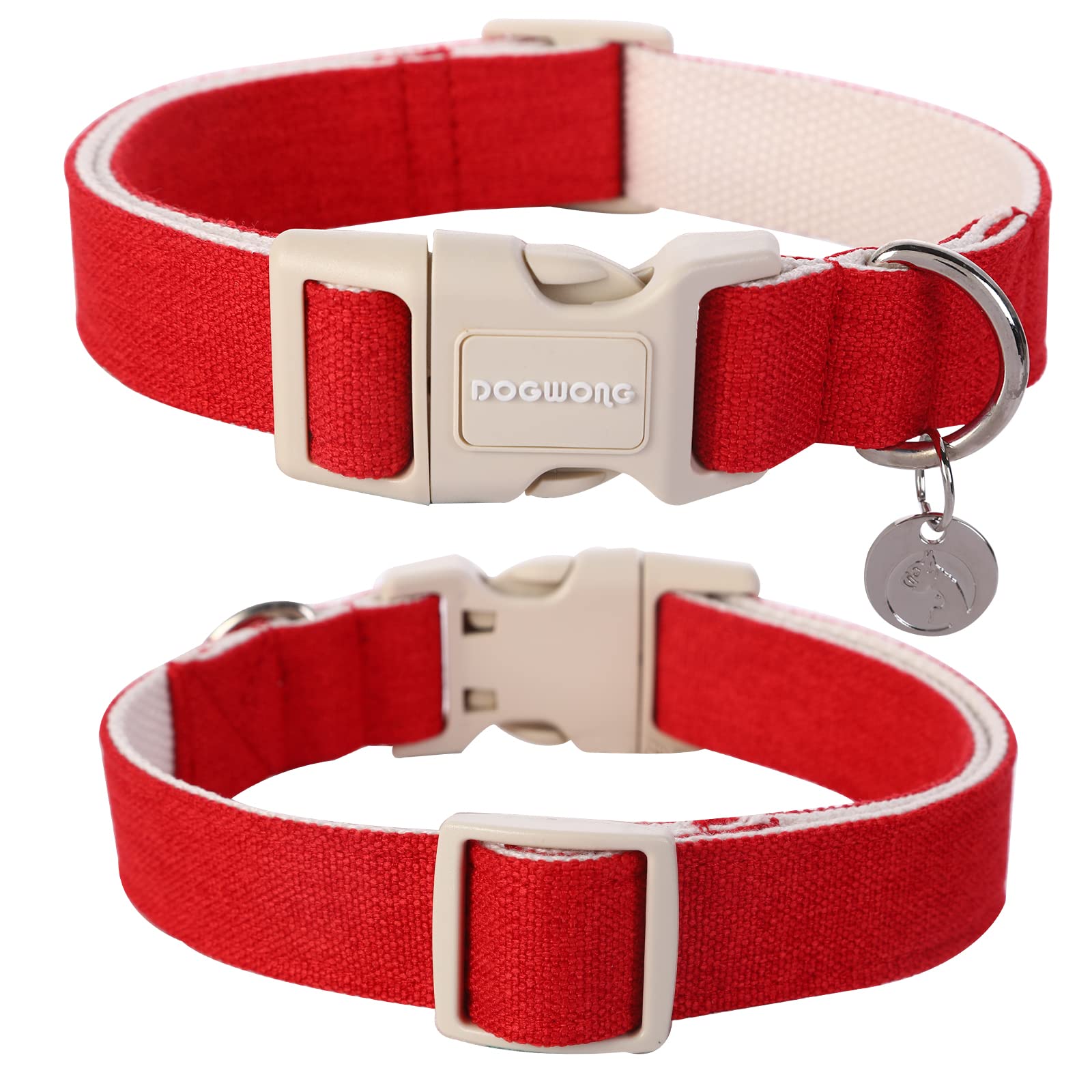 Dogwong Cotton Hemp Dog Collar, Heavy-Duty Red Dog Collar Adjustable Soft Natural Fabric Pet Dog Collar Cute Wedding Puppy Neckl