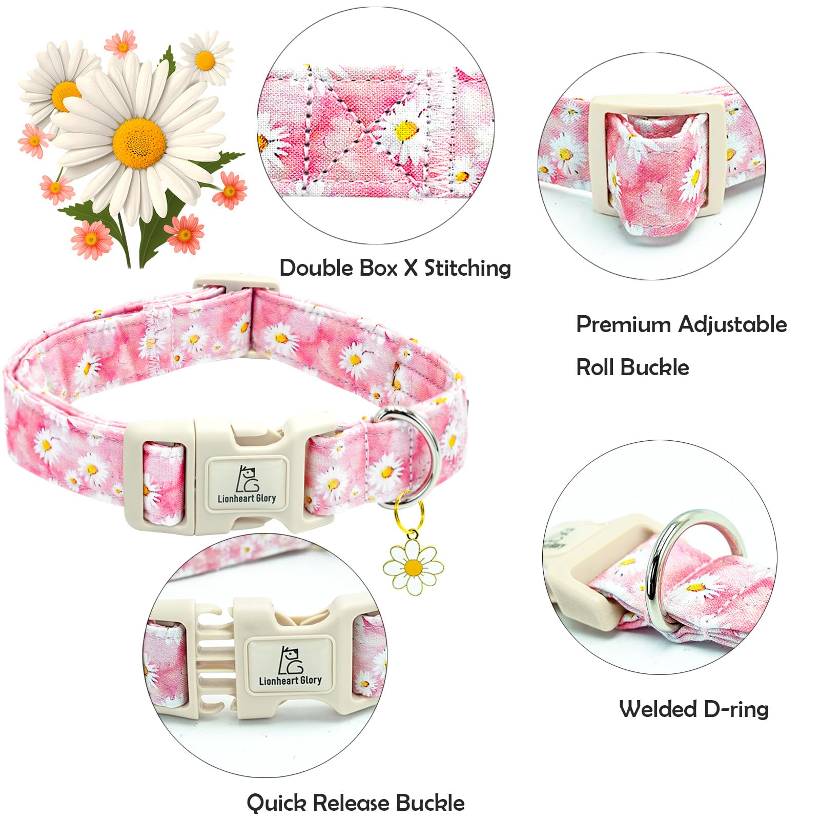 Lionheart Glory Dog Collar-Pink Floral Pattern Dog Collar Cute Flower Dog Collars Female Heavy Duty Adjustable Collars For Large