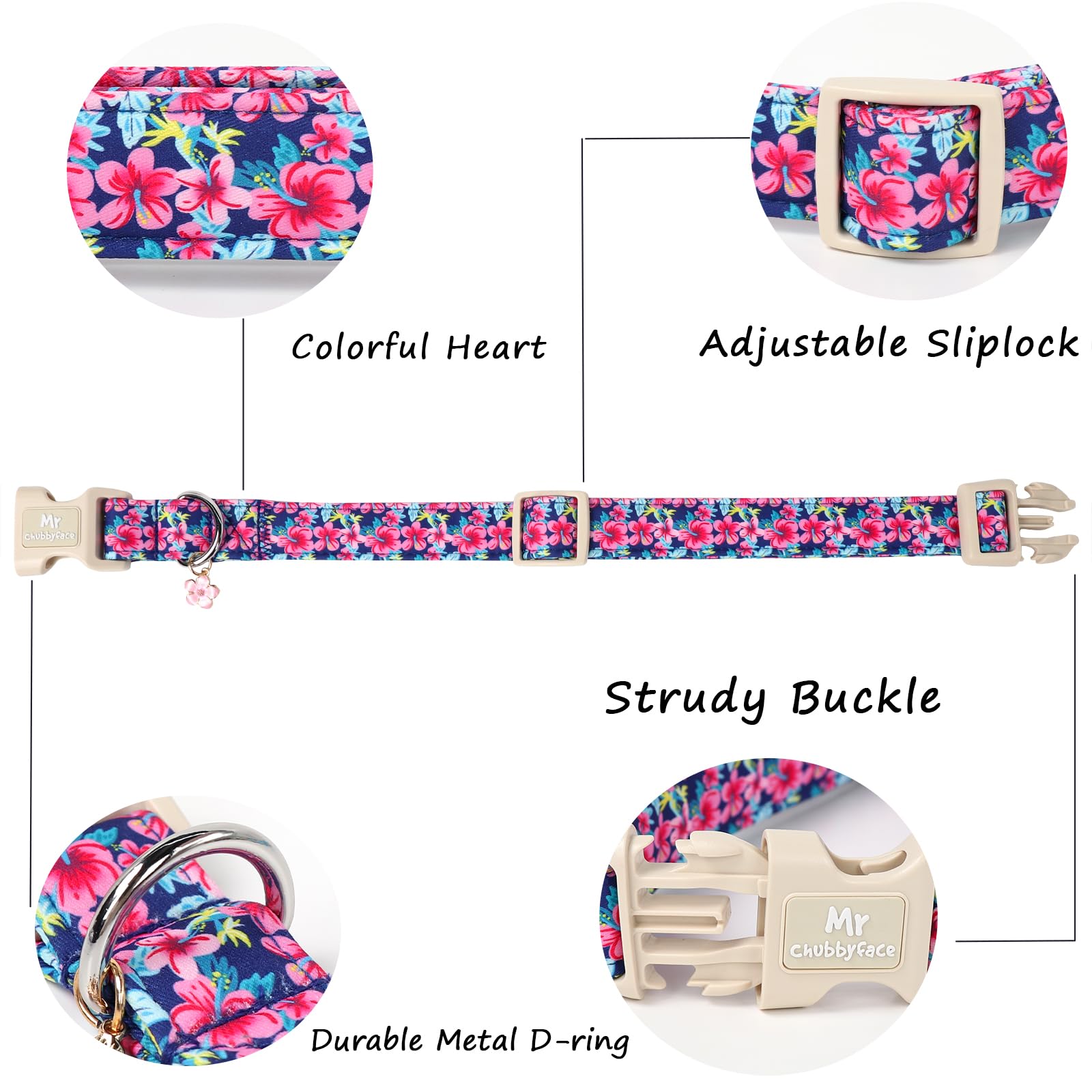 Mr.Chubbyface Spring Summer Dog Collar, Cute Pink Floral Dog Collars With Plastic Buckle, Light Adjustable Durable Pet Collar Fo