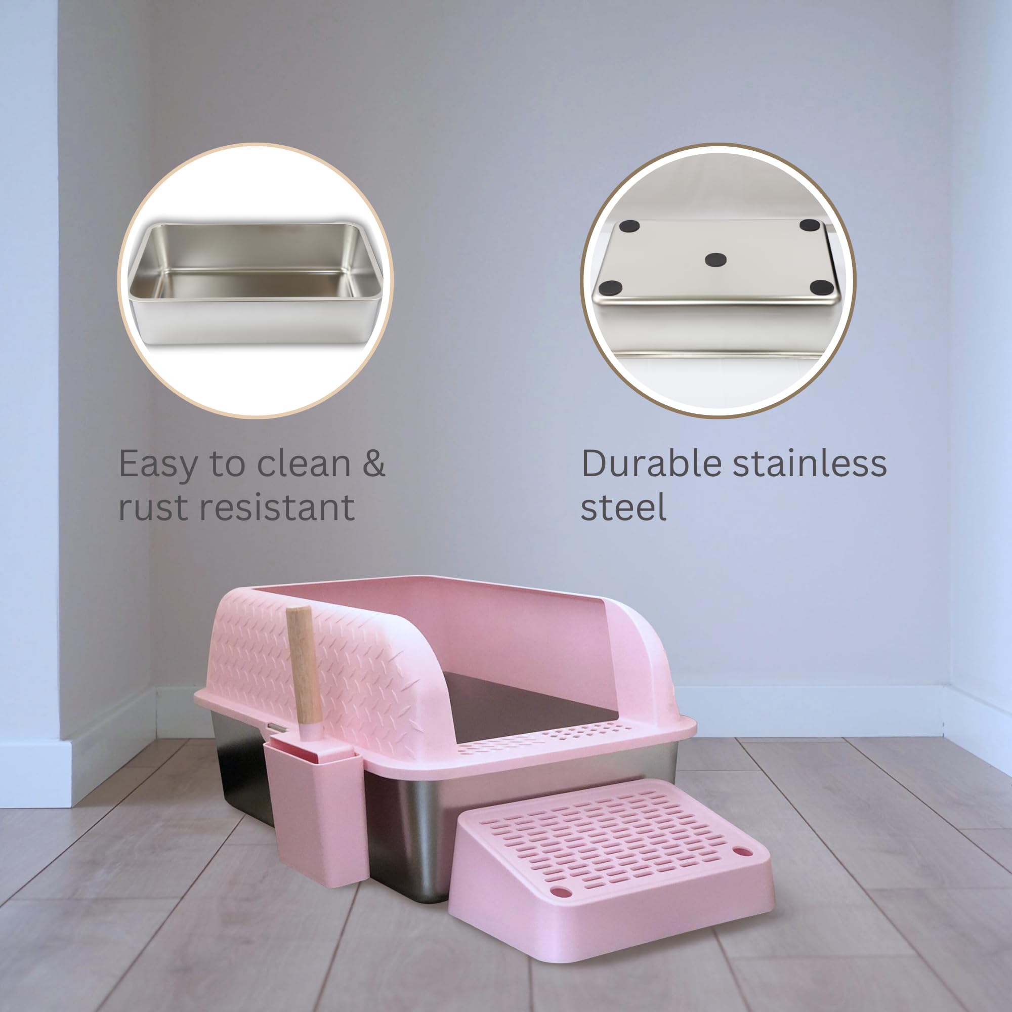 Pink Litter Box Extra Large Xl Stainless Steel. Cat Litter Box High Sided Covered Lid Enclosure Includes Litter Scoop With Holde