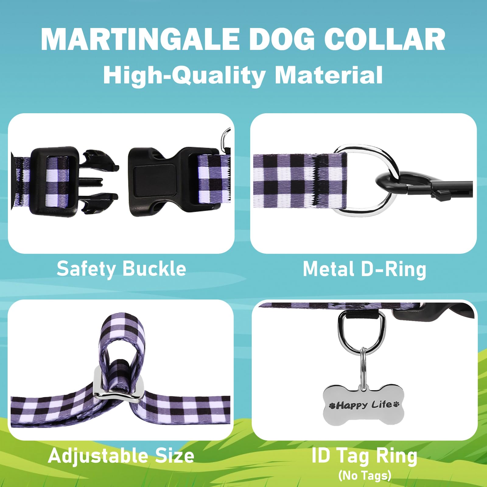 Fidohug Martingale Collar For Dogs With Buckle Adjustable Nylon Limited Slip Training Dog Collar (Black White Checkered, Medium)