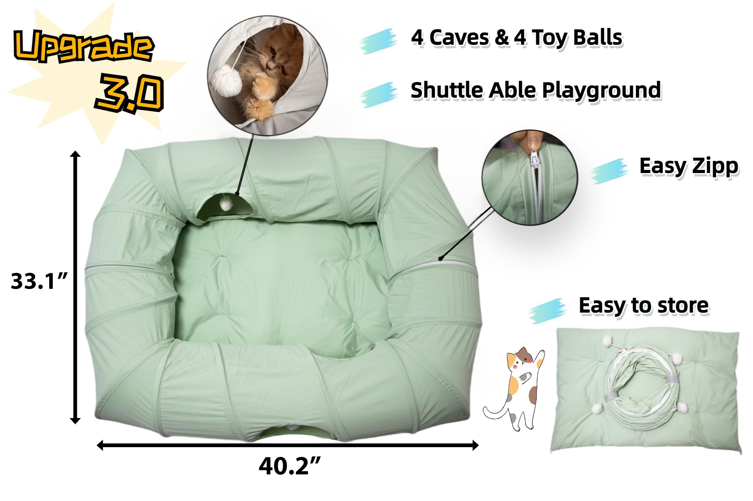 Xxingsheep 4 Ways Shuttled Xl Cat Tunnel Bed For Indoor Cats Peekaboo Cat Cave Donut With Cool Mat (Green)