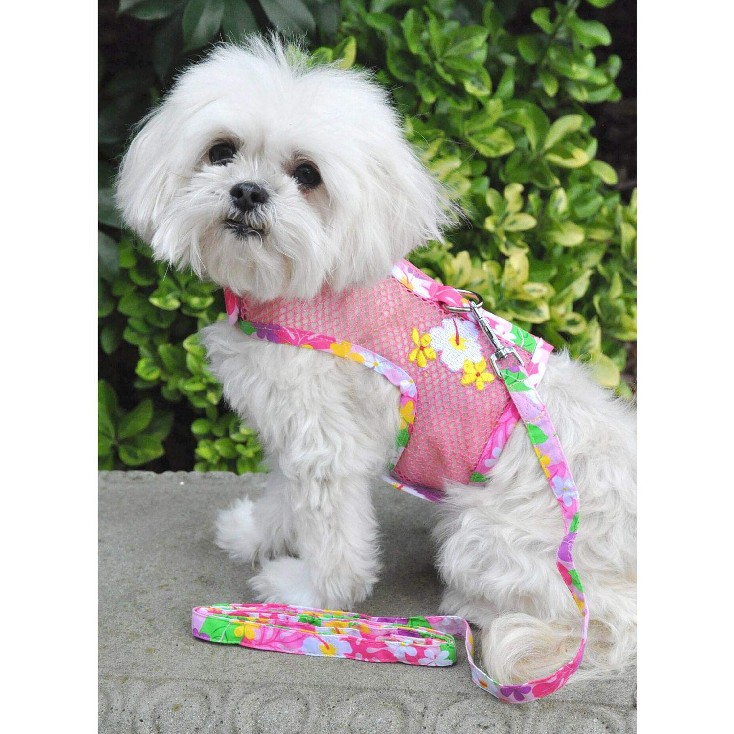 Doggie Design Cool Mesh Dog Harness With Leash Pink Hawaiian Floral (X-Small)