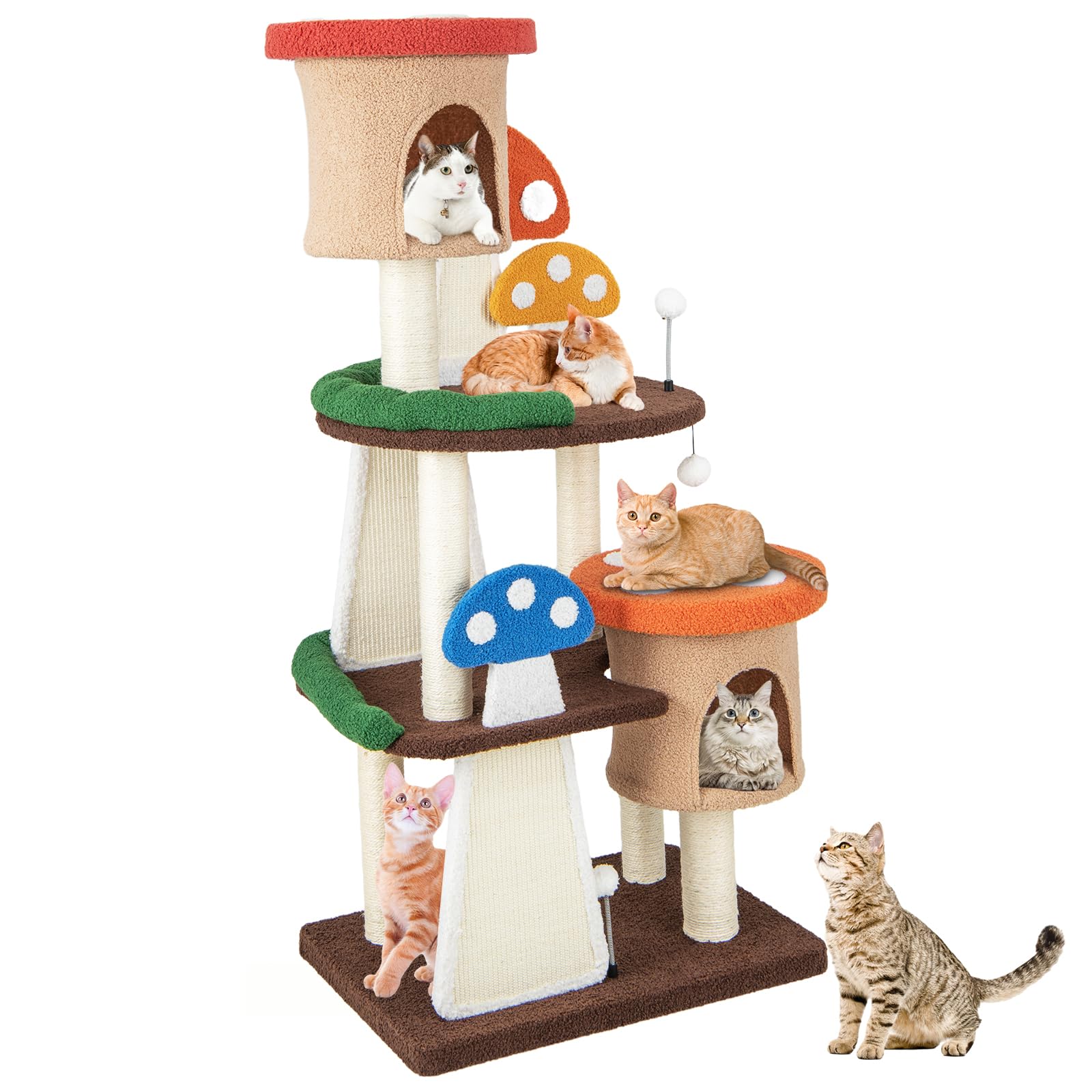 Petsite Mushroom Cat Tree, 57.5 Inches Tall Multi-Level Cat Tower With Natural Sisal Scratching Posts & Boards, Cat Condo And Te