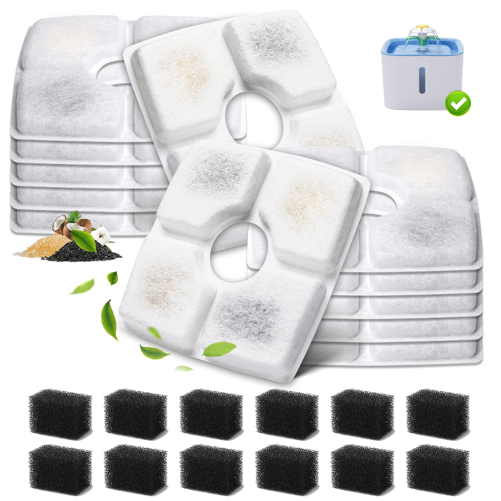 12-Pack Cat Water Fountain Filter Replacement & 12-Pack Pre-Filter Sponges for Square 84oz/2.5L Automatic Cat Fountain Dog Water