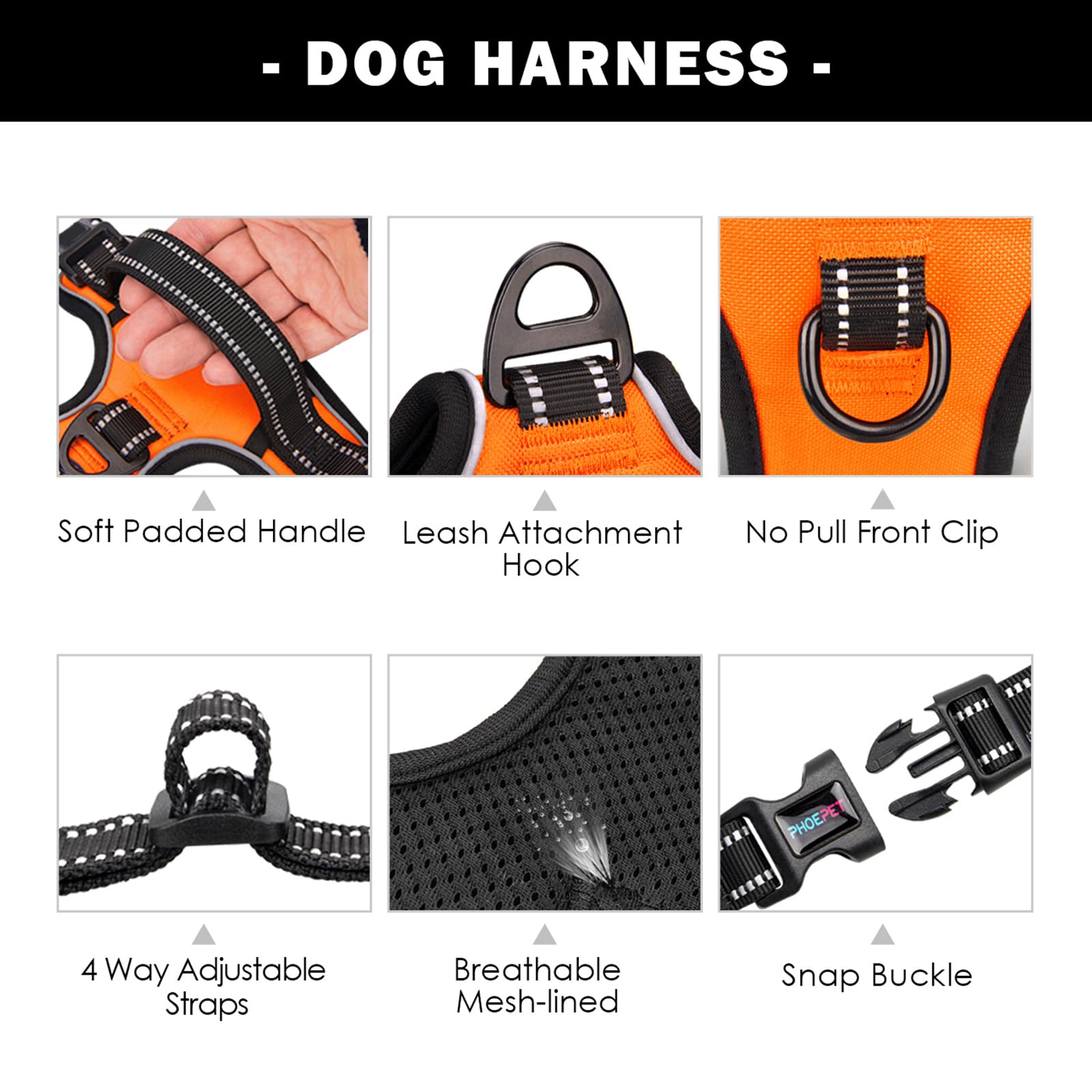 Phoepet No Pull Dog Harness Medium Reflective Front Clip Vest With Handle,Adjustable 2 Metal Rings 3 Buckles,[Easy To Put On & Take Off](M, Orange)