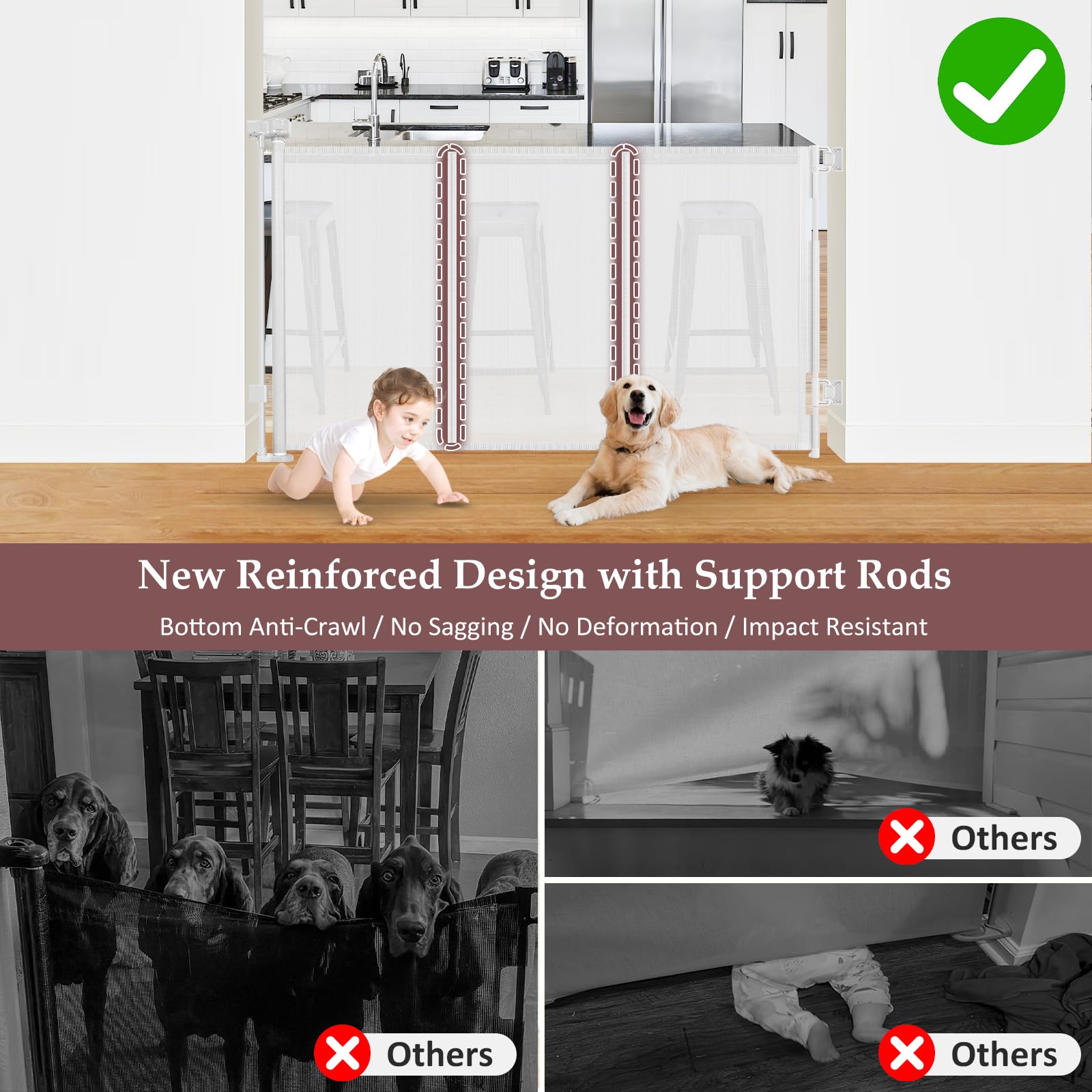 Reinforced Extra Tall Pet Gate 41 Inch, 55 Inch Wide Retractable Baby Gates with Support Rods Prevents Crawling Under, White