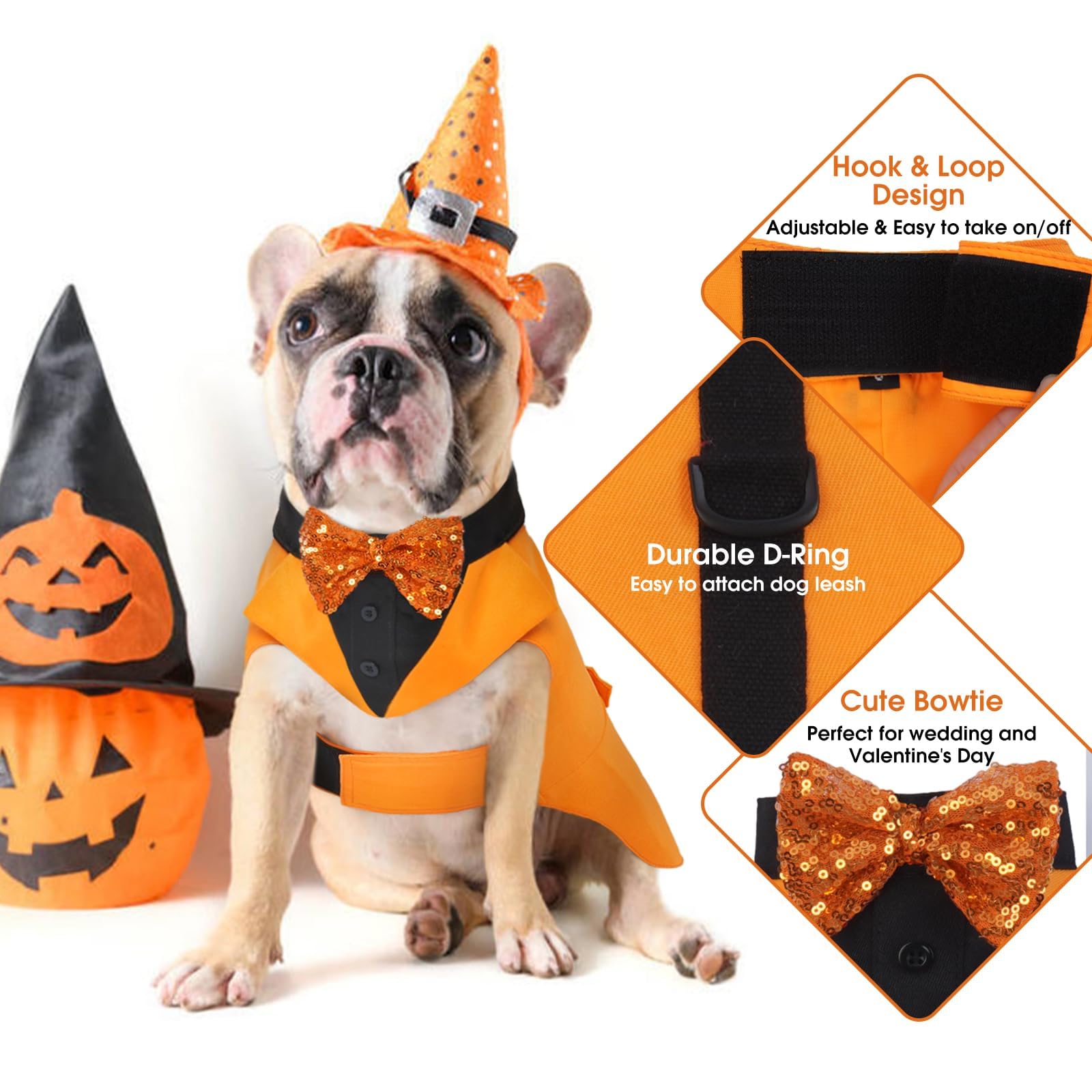 Kuoser Dog Tuxedo Suit And Bandana Set, Pumpkin Color Dogs Thanksgiving Outfit Adjustable Dog Halloween Costume With Bow Tie For