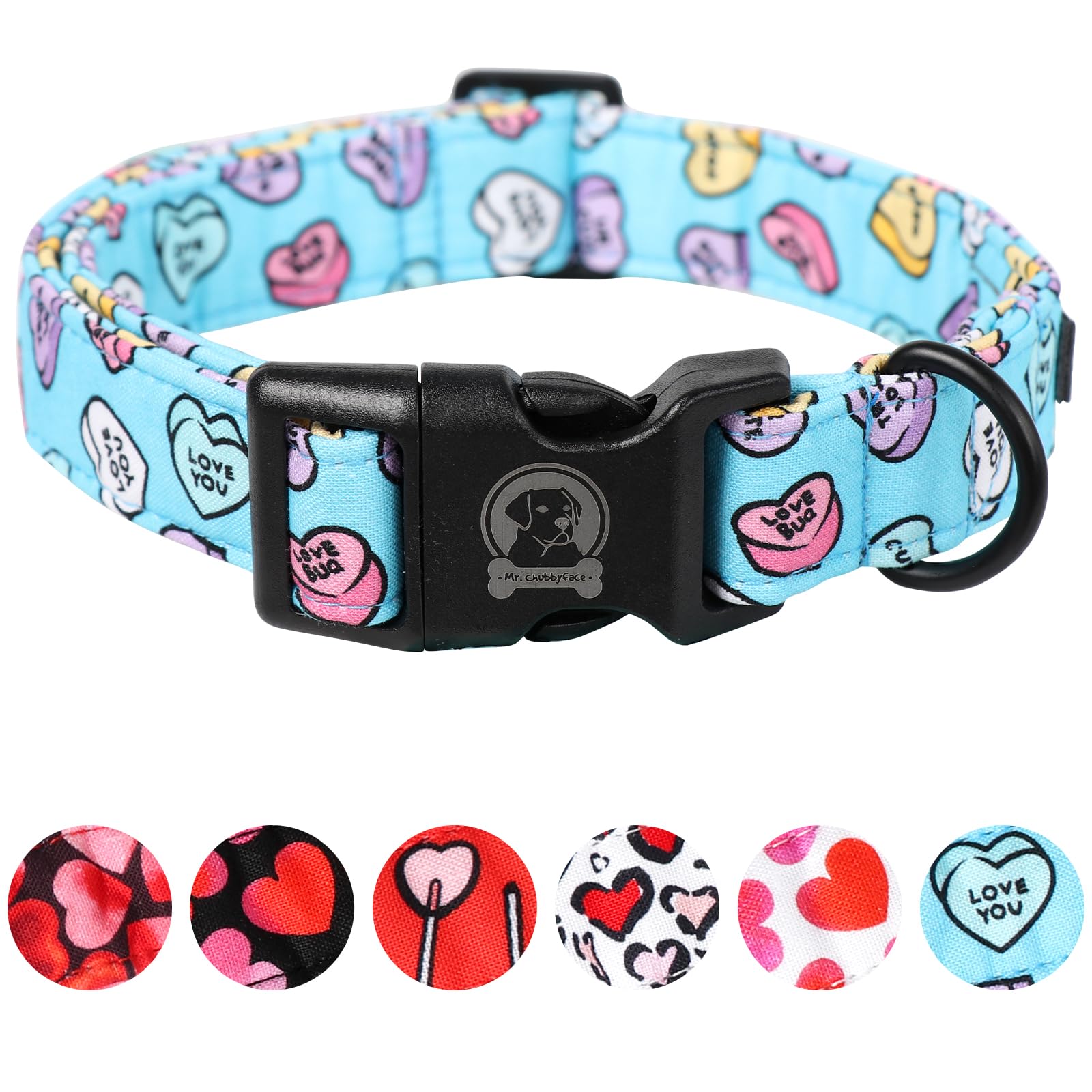 Mr. Chubbyface Valentines Dog Collar,Cute Blue Love Heart Cotton Dog Collar, Adjustable Valentine Girl Female Male Pet Collars W
