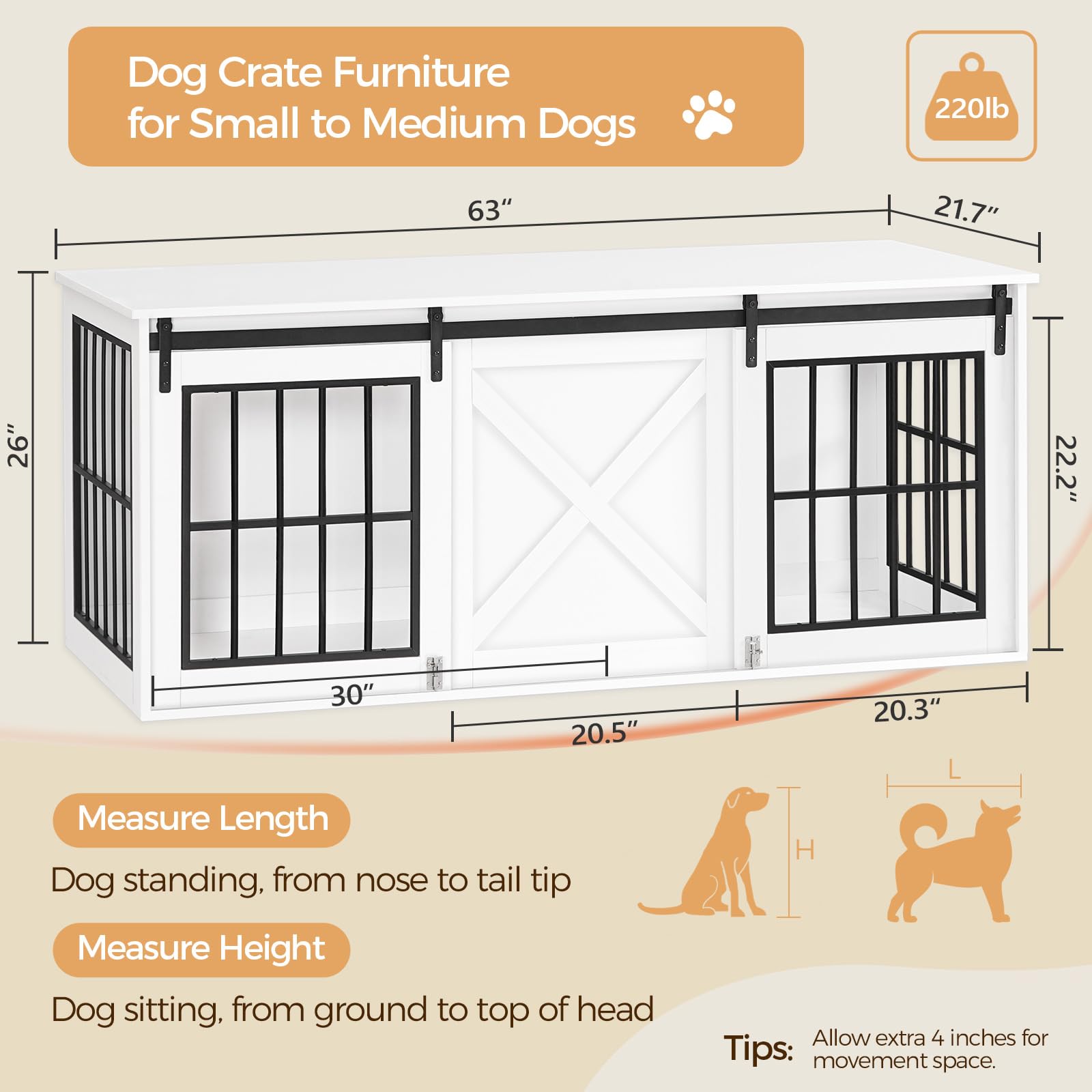 MAHANCRIS Dog Crate Furniture for 2 Dogs, 63 Heavy Duty Dog Kennel with Sliding Barn Door, Wooden Double Dog Crate with Divider