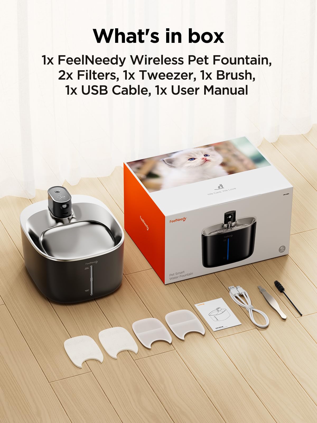 Feelneedy Cat Water Fountain Battery Operated, 4L/135 Fl Oz Pet Water Fountain For Cats And Dog With Motion Sensor, Wireless Ultra Quiet Cat Drinking Fountain With 2 Filters (Black Ypd-C004P)