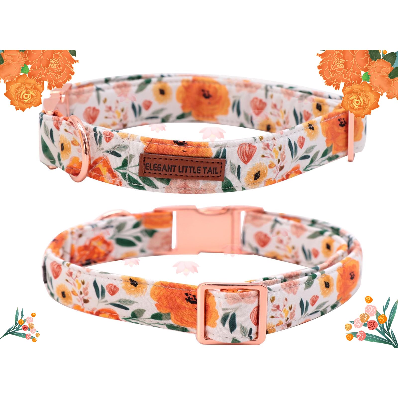 Elegant Little Tail Fall Dog Collar - Durable Orange Floral Dog Collar For Medium Dogs, Adjustable For Male Or Female Pets - Per