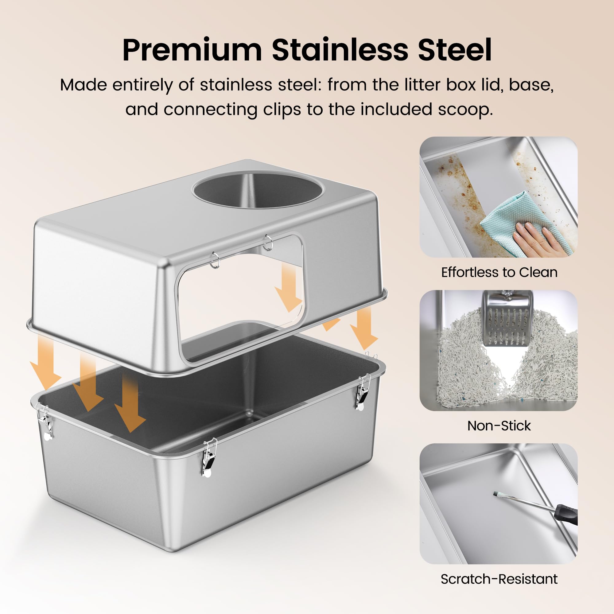 Aothey Stainless Steel Litter Box with Lid, Enclosed Metal with High Sides, Large Cat Litter Box, Dog-Proof, Odor Control, Easy