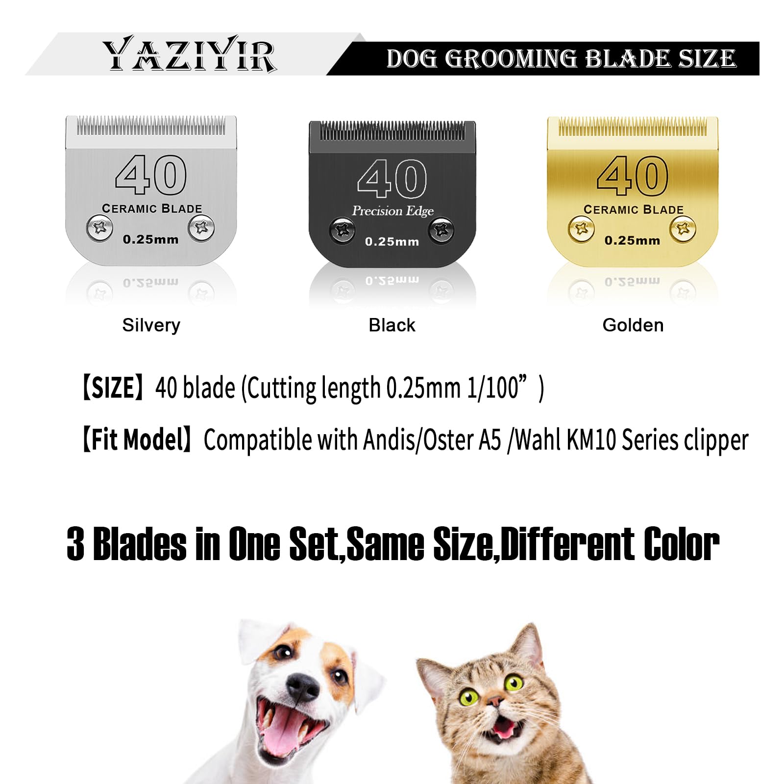 Yaziyir 3 Color 40# Detachable Pet Dog Grooming Ceramic Blades,Compatible With Andis,Oster A5,Wahl Km-10 Series,Size #40 Blade 1