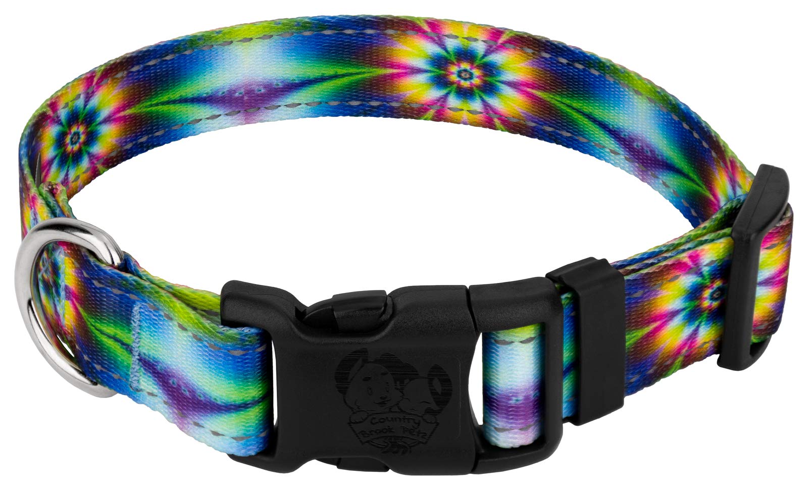 Country Brook Petz - Deluxe Tie Dye Flowers Reflective Dog Collar Collection Featured Night Safe Designs (1 Inch, Extra Large)