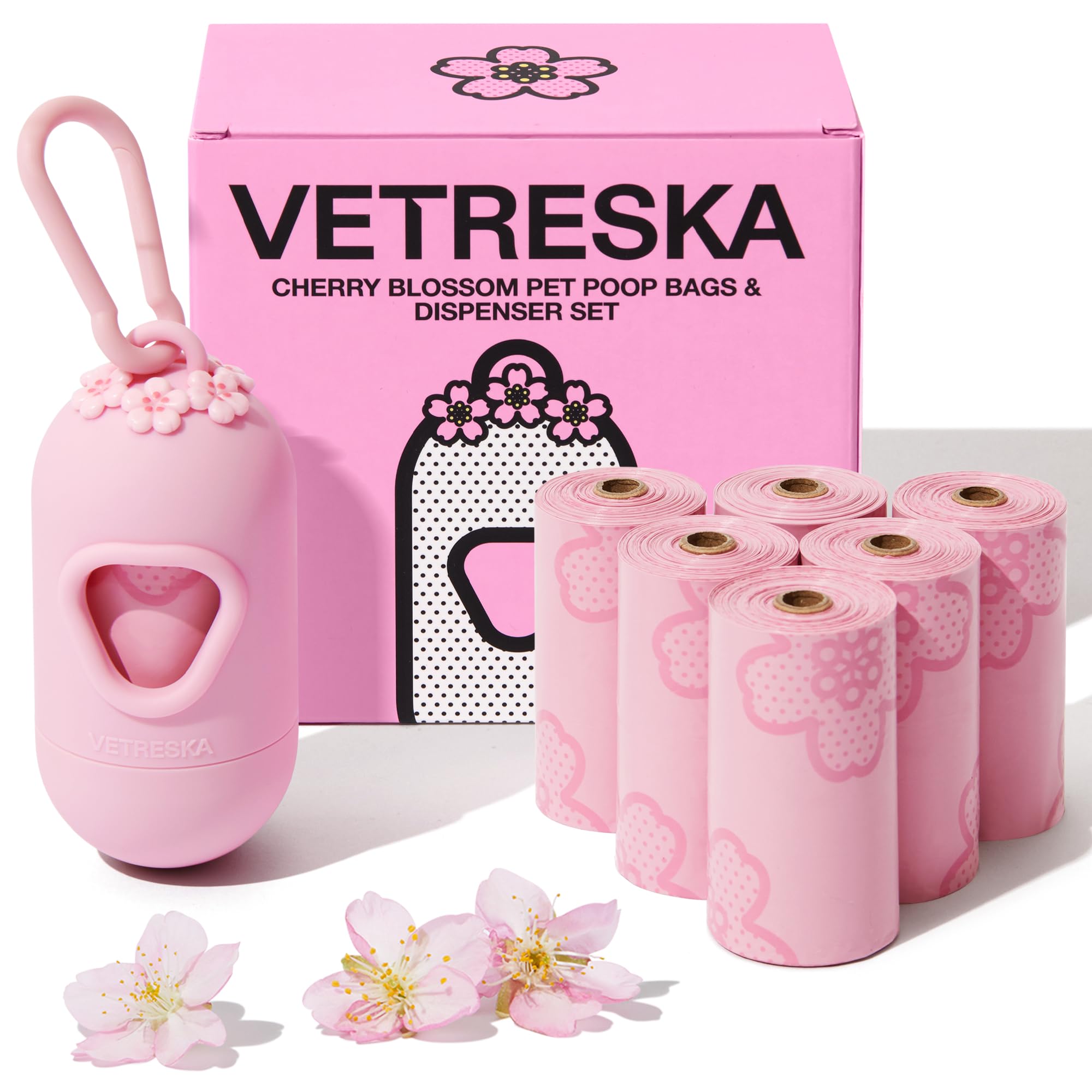 VETRESKA Dog Poop Bag Dispenser with Cherry Blossom Scented Bags, Leak Proof, Extra Thick Waste 1 Count Holder and 105 Bags for
