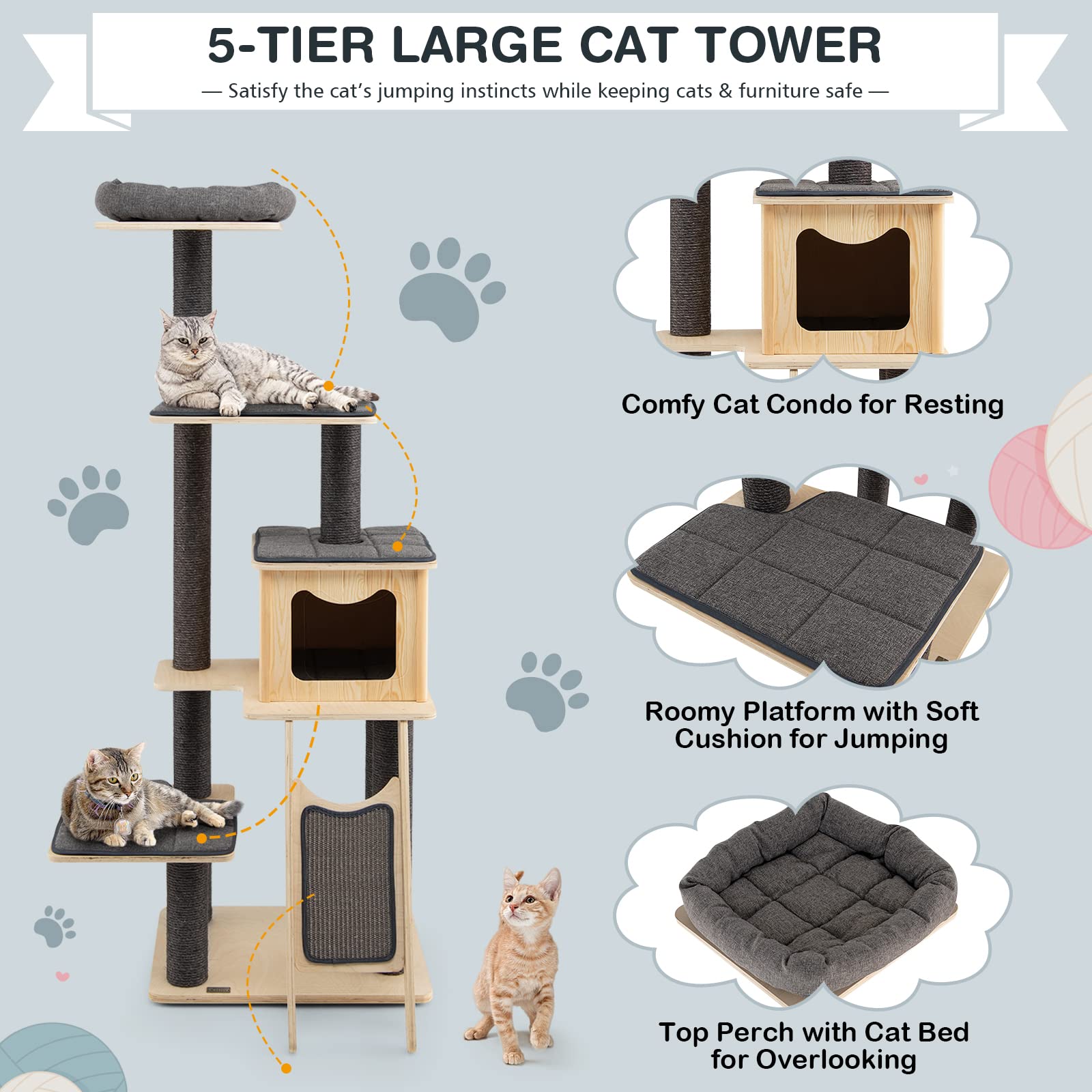 Tangkula Tall Cat Tree, 69 Inch 5-Tier Wood Cat Tower With Scratching Sisal Posts, Top Perch, Cute Cat Condo, Modern Cat Tree With Washable Cushions For Indoor Cats Large Adult (Grey)