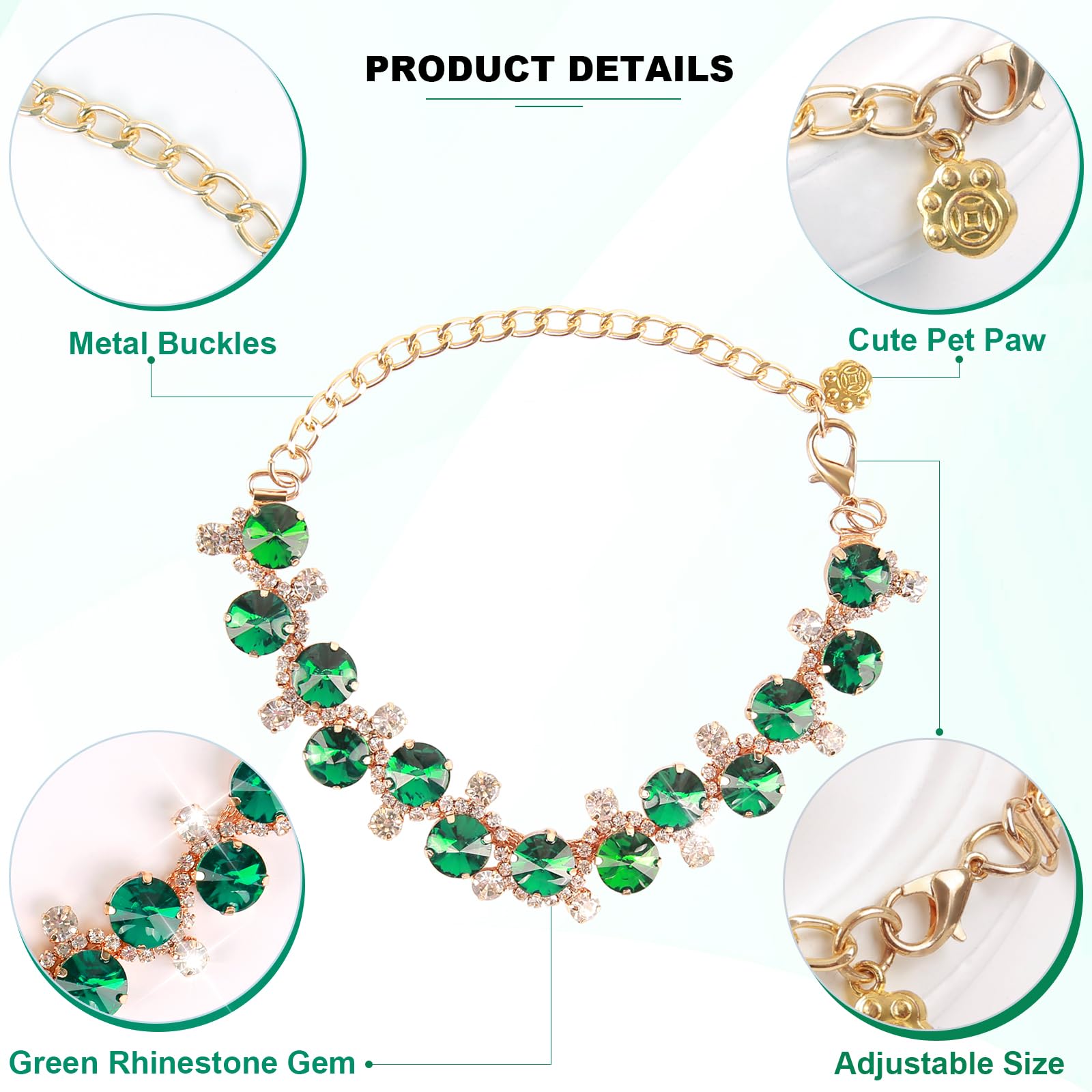 Howwfaly Dog Collar And Cat Collar Gold Chain Necklace Stainless Steel Adjustable Green Rhinestones Collar With Cute Pet Paw For