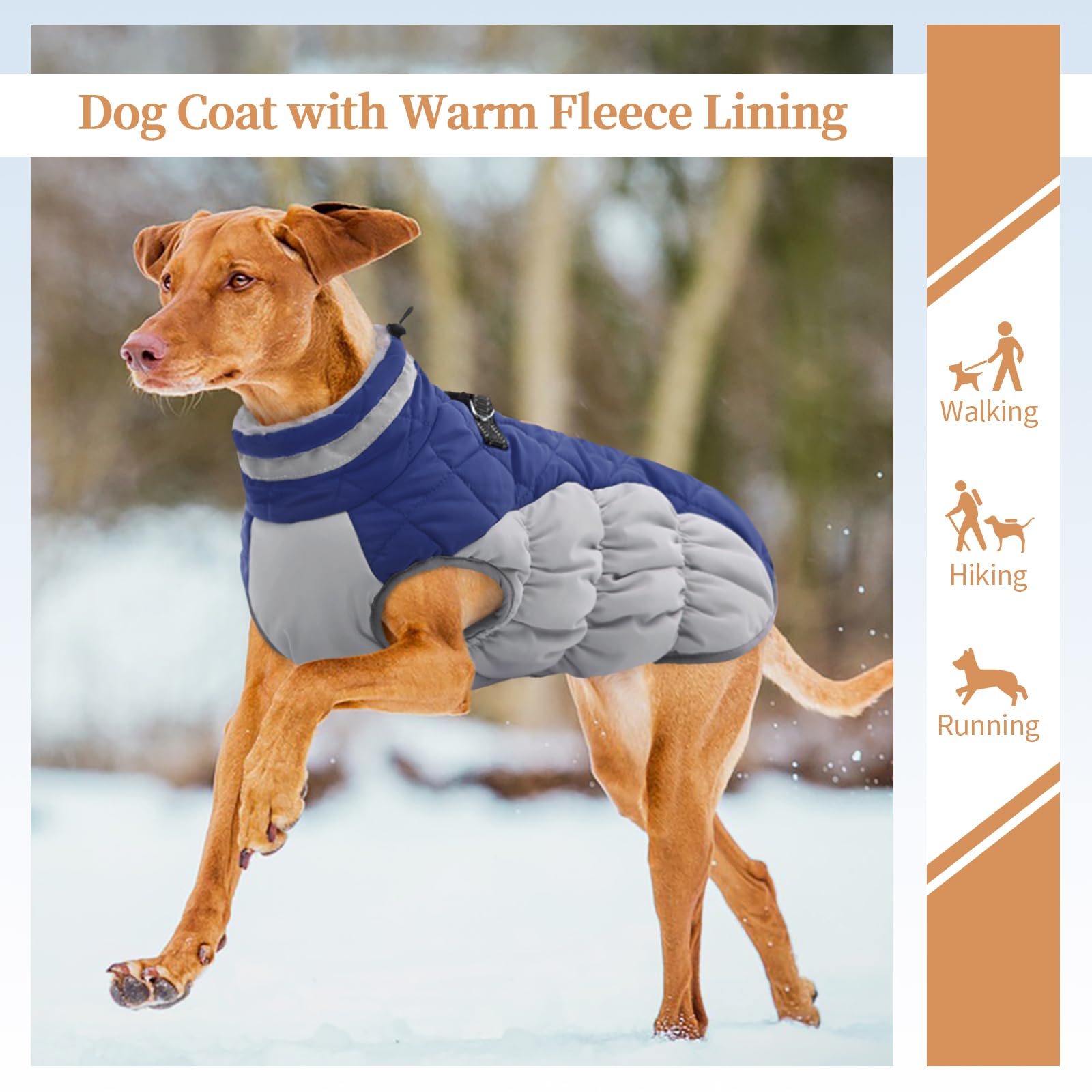 OUOBOB Dog Winter Jacket, Waterproof & Windproof Fleece Coat, Large, Blue, Model C96-126MF, Cozy Cold Weather Apparel for Dogs