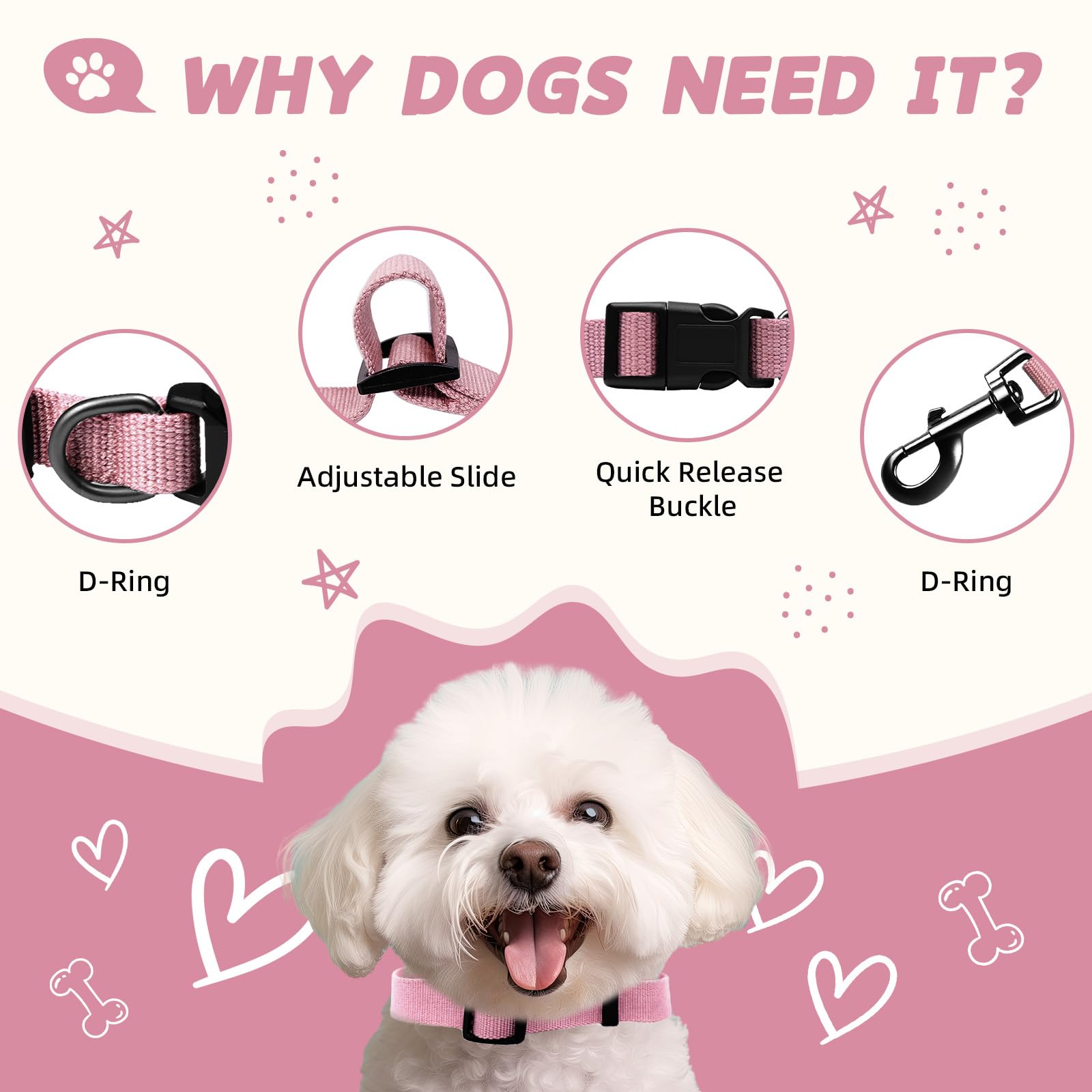 Pink Dog Collar And Leash Set For Large Dog, Breathable, Anti-Odor & Soft, Comfortable For Sensitive Skin Puppies, 90% Bamboo Ra