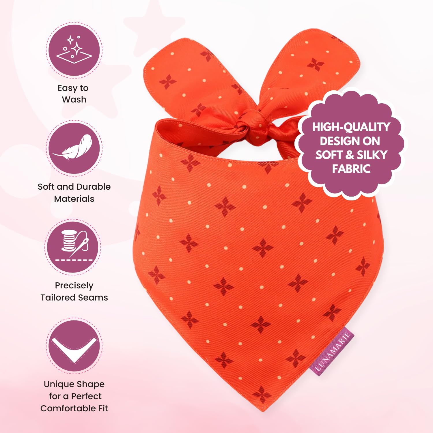 Lunamarie - Luxury Pet Birthday Bandanas -Premium & Silky Poly Fabric | 100% Handmade | Custom Shape Dual Layered (Ember, Large)