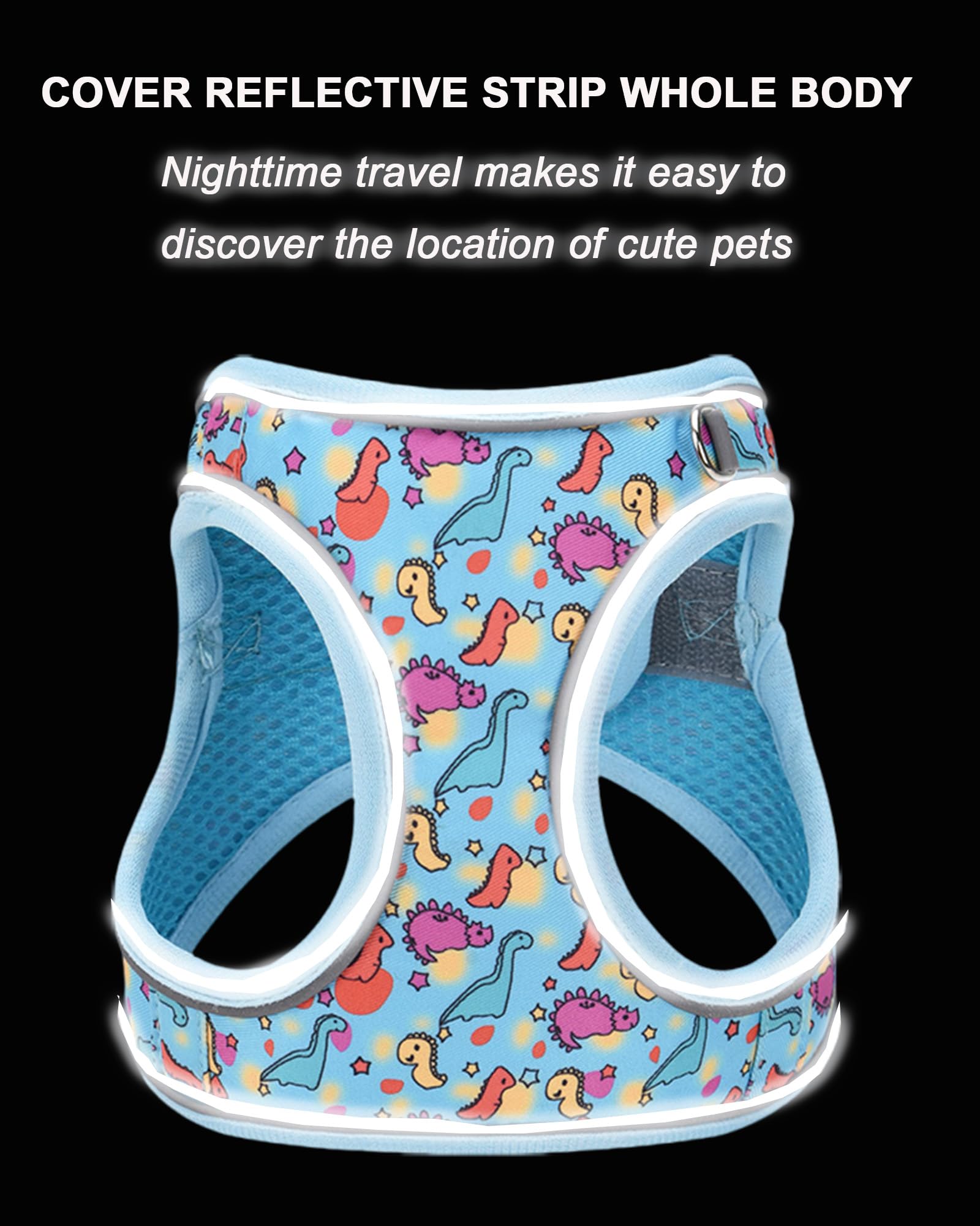 JUFOO S Blue Dinosaur Pattern Dog Harness and Leash Set,No Escape Easy Walk Puppy Harnesses for Training Walking,Breathable Adju