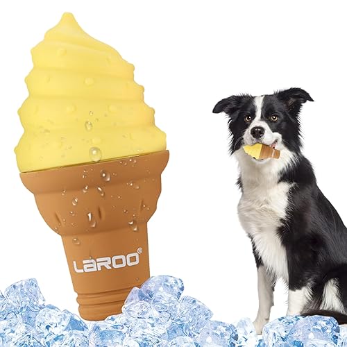 Laroo Dogs Toys For Summer Cooling, Frozen Dog Toys, Full With Water Frozen, Prevention Of Heat Stroke Upgraded Teething Chew Toy (Dog Ice Cream Shape-Yellow).
