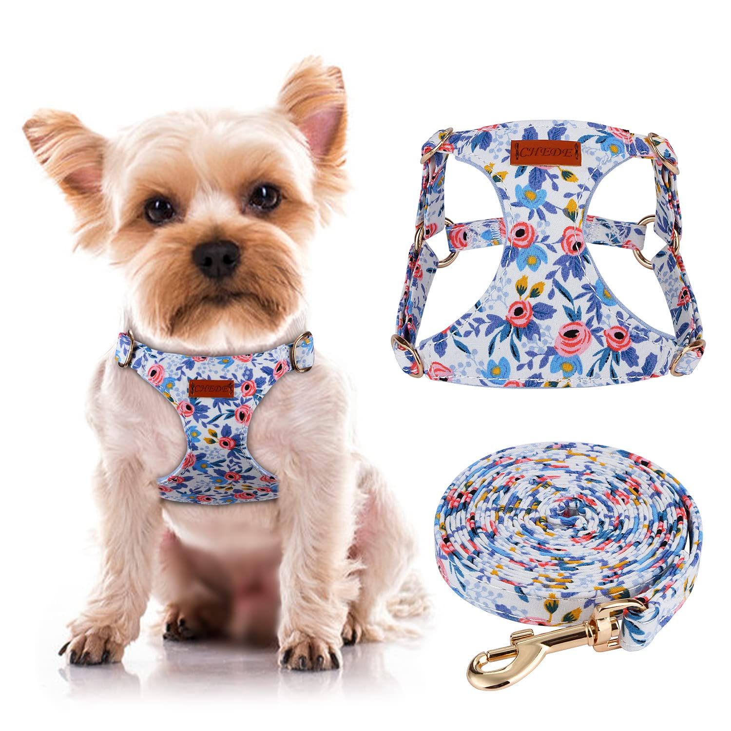 CHEDER No-Pull Floral Pattern Dog Harness - Lightweight & Soft, Adjustable for Small & Medium Dogs (XXS, Blue Rose) with Leash