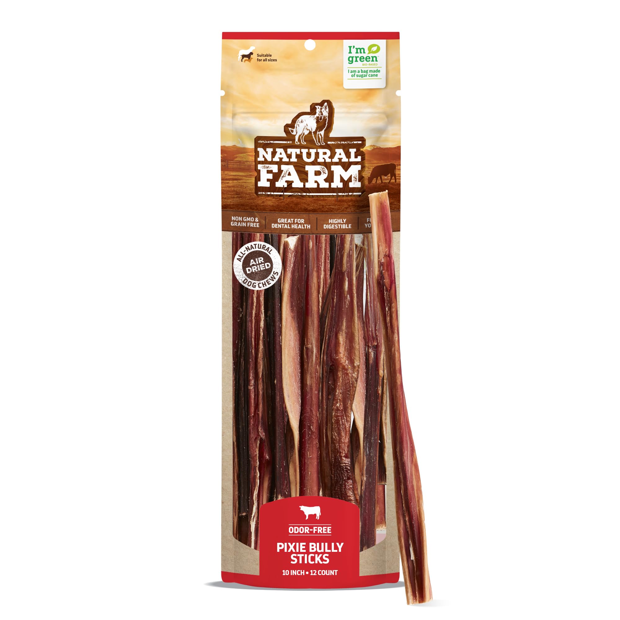 Natural Farm Pet Pizzle Bully Sticks (10 Inch, 12 Pack), Pixie Chew, Extra-Thin Pet Treats - Grain-Free, High Protein, Best Rawh